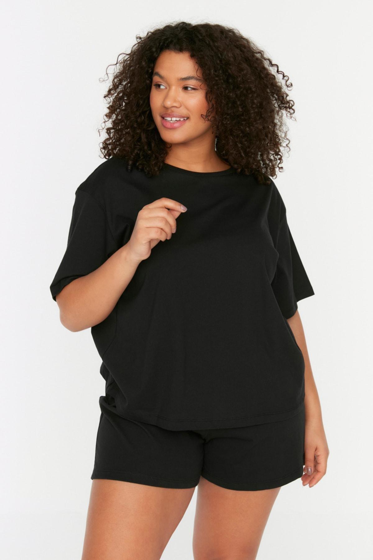 Trendyol - Black Plain Plus Size Pajama Set