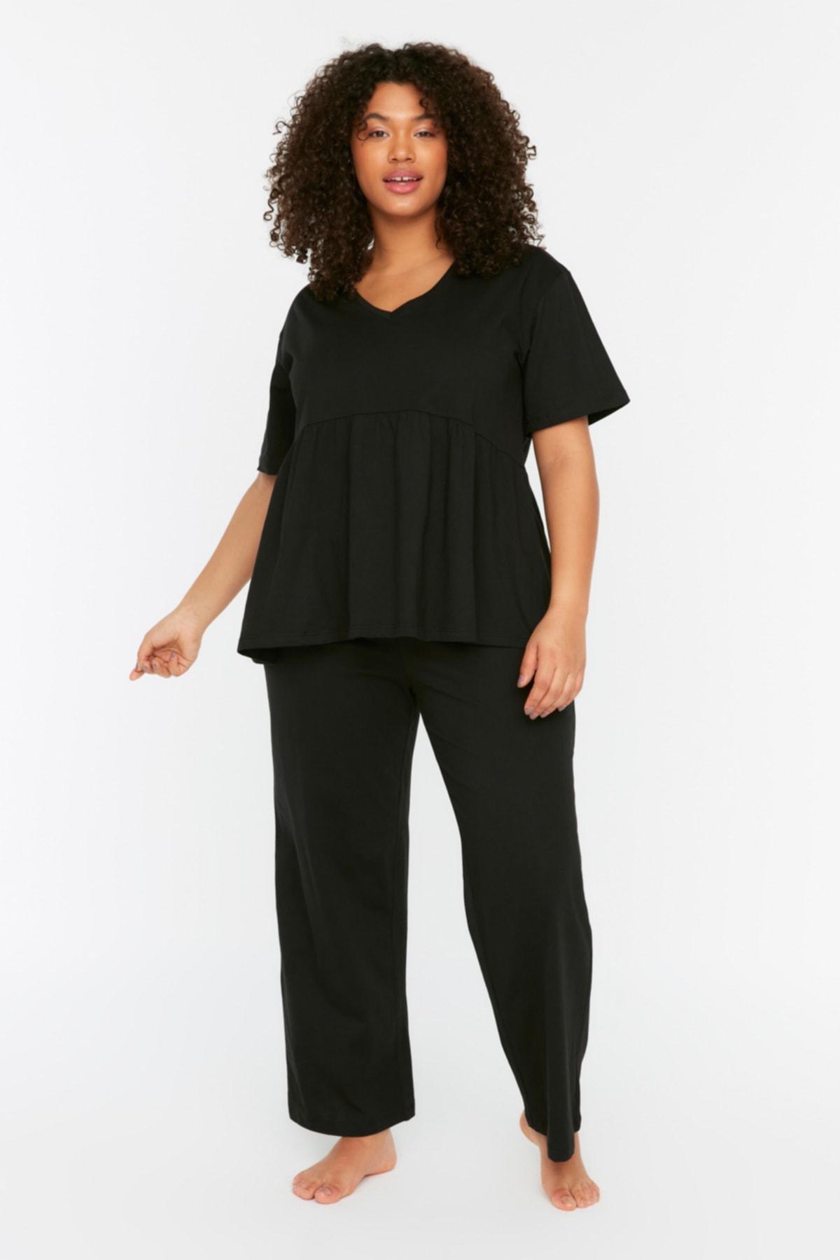 Black Plain Plus Size Pajama Set, , large image number 0