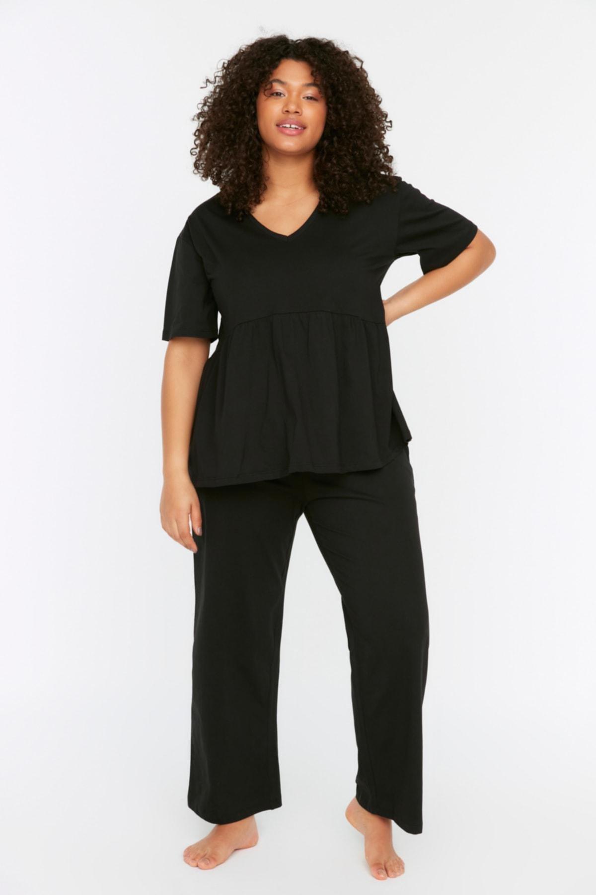 Black Plain Plus Size Pajama Set, , large image number 1