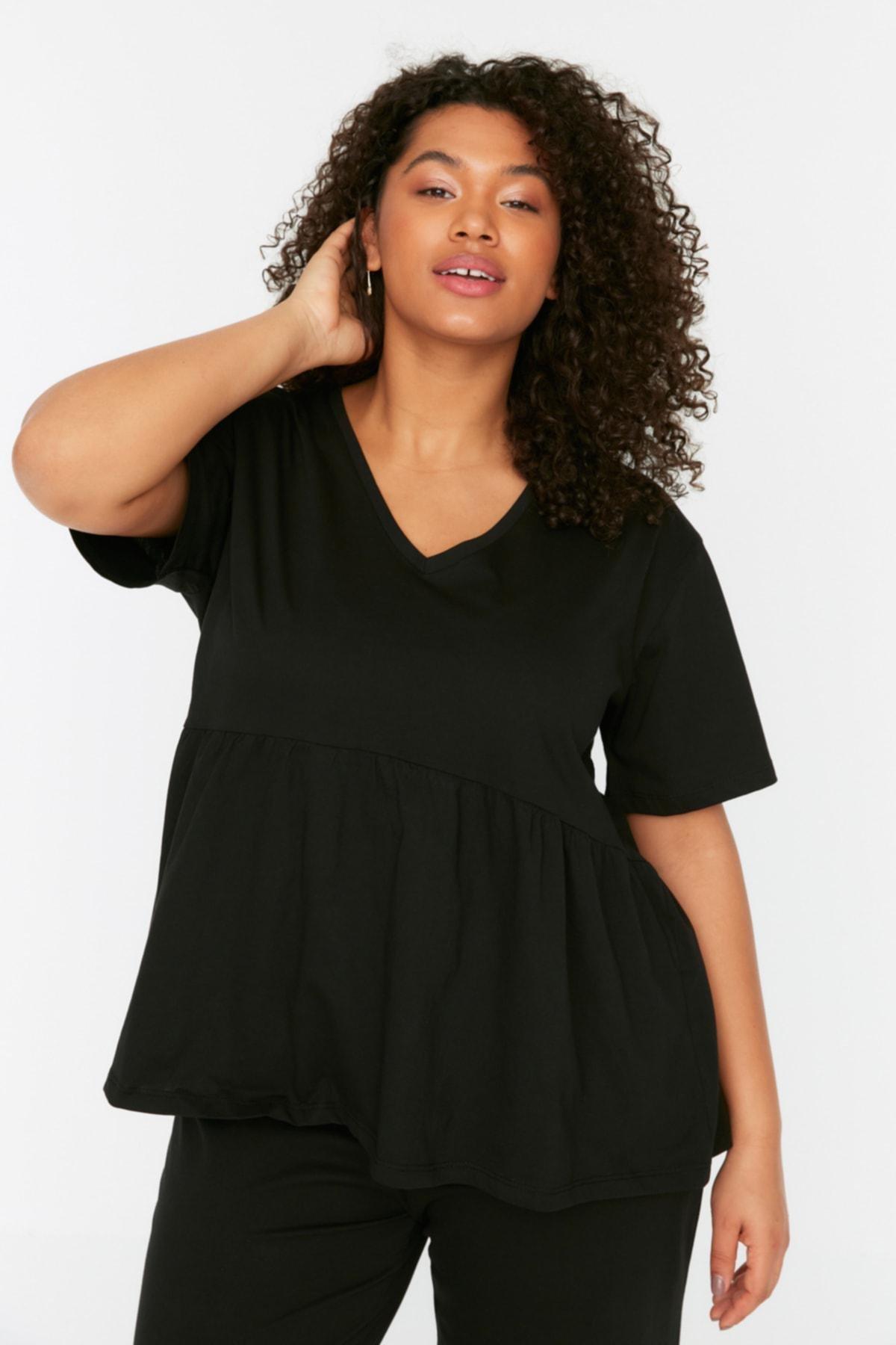 Black Plain Plus Size Pajama Set, , large image number 2