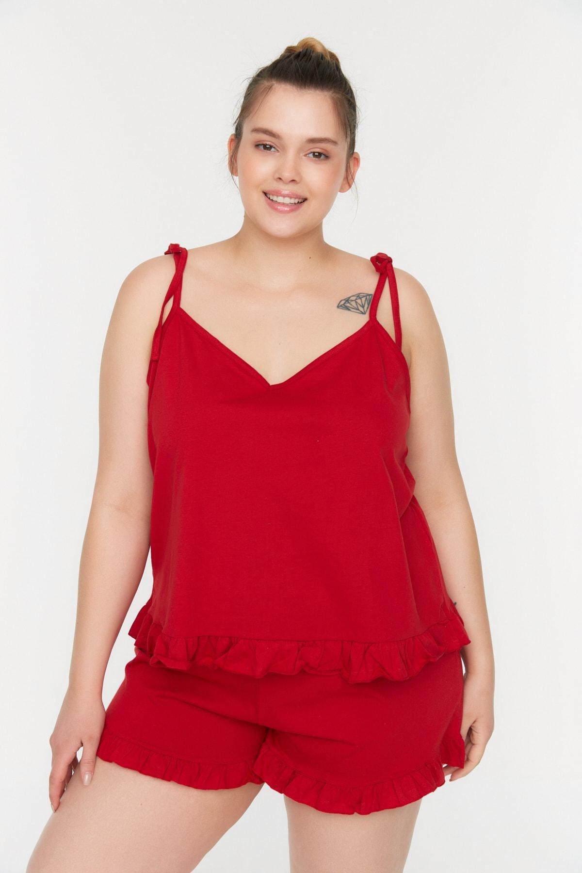 Red Plain Plus Size Pajama Set, Red, large image number 0