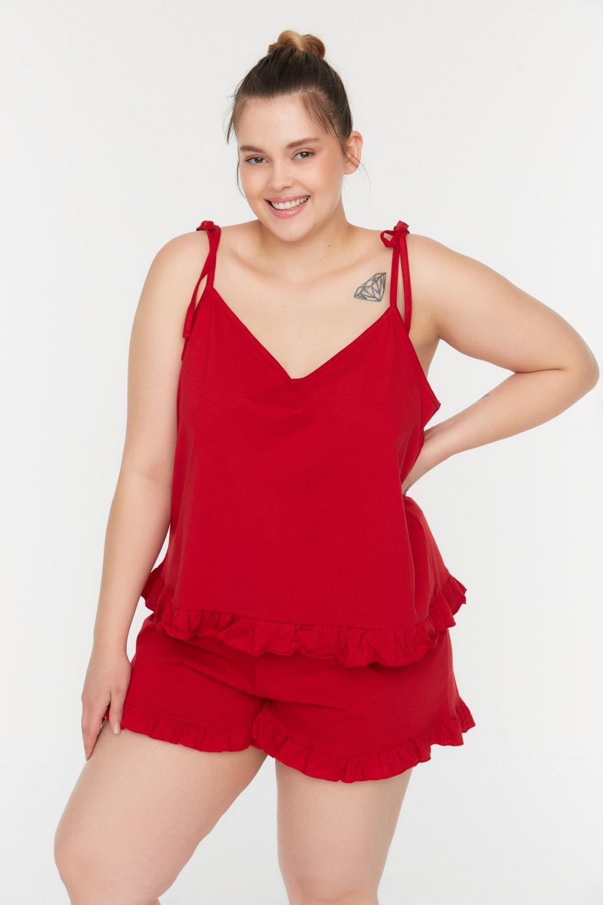 Red Plain Plus Size Pajama Set, Red, large image number 1