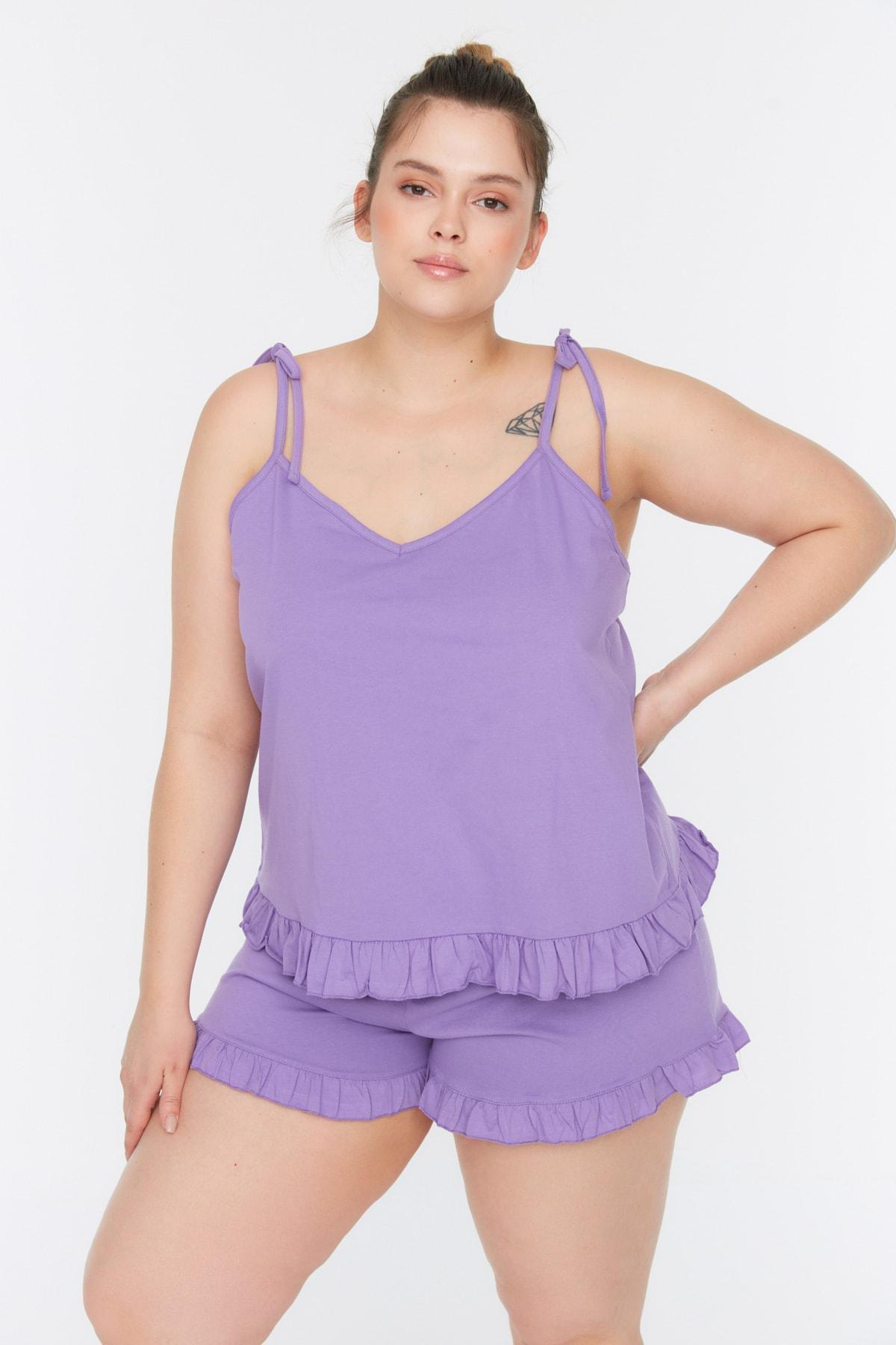 Purple Plain Plus Size Pajama Set, , large image number 0