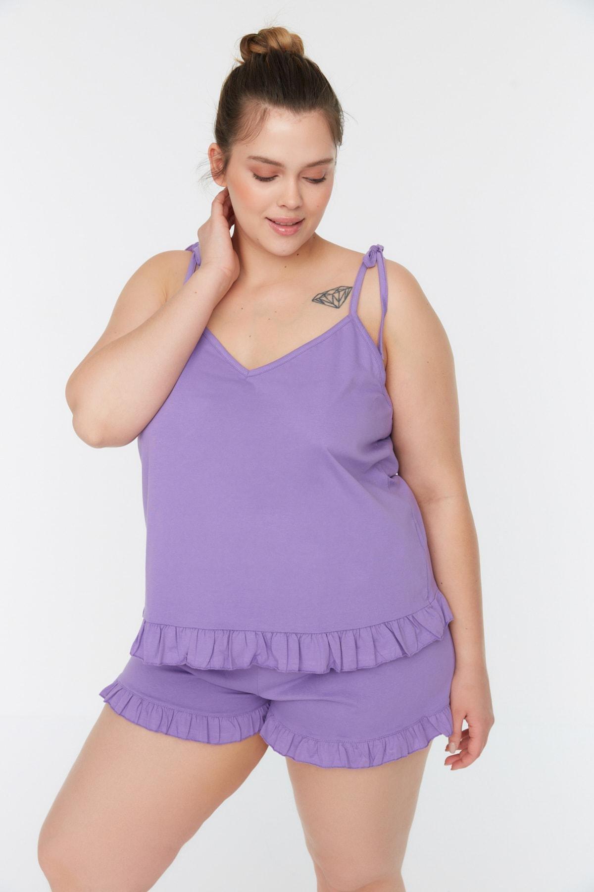 Purple Plain Plus Size Pajama Set, , large image number 1