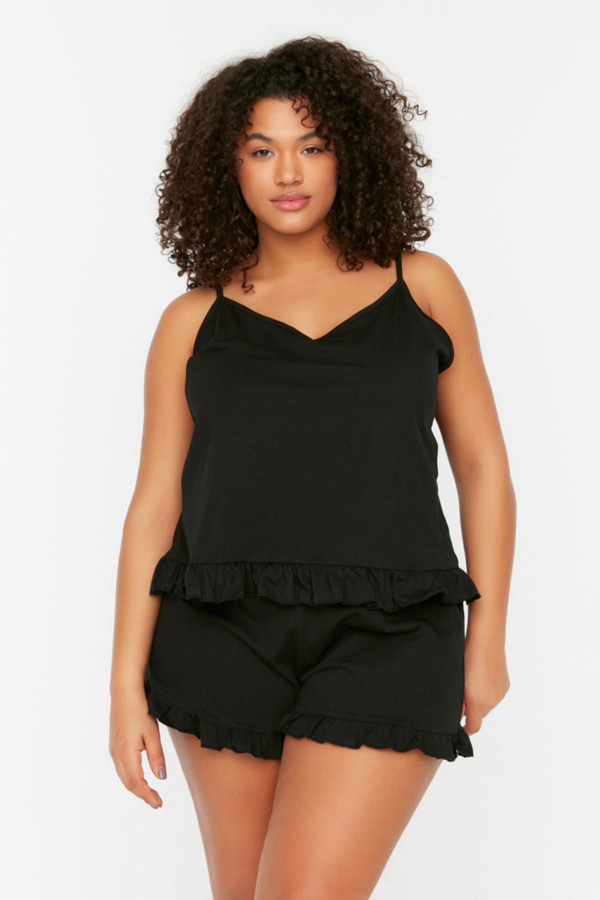 Black Plain Plus Size Pajama Set, , large image number 0