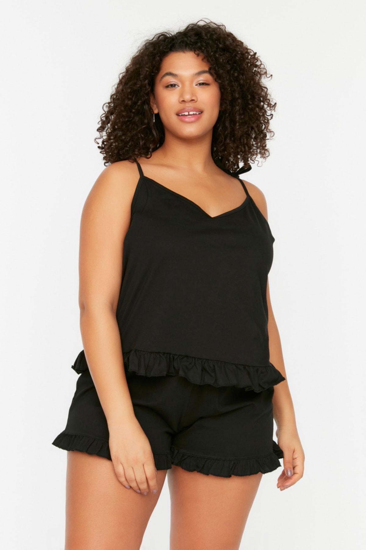 Black Plain Plus Size Pajama Set, Black, medium