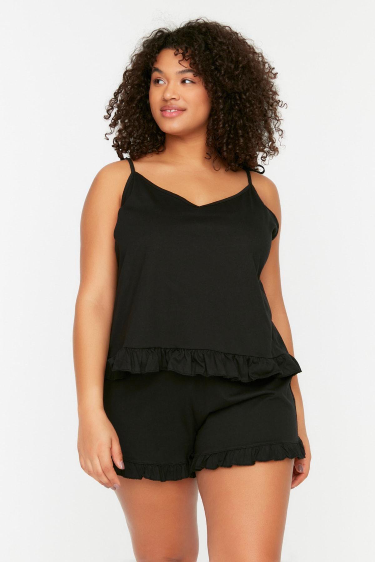 Trendyol - Black Plain Plus Size Pajama Set