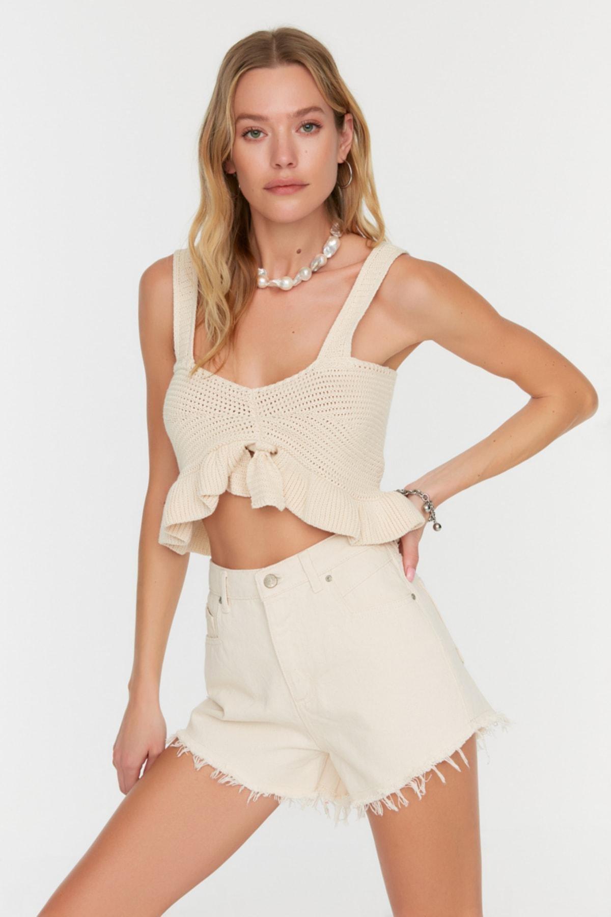 Beige Mid Waist Cotton Shorts, , large image number 0