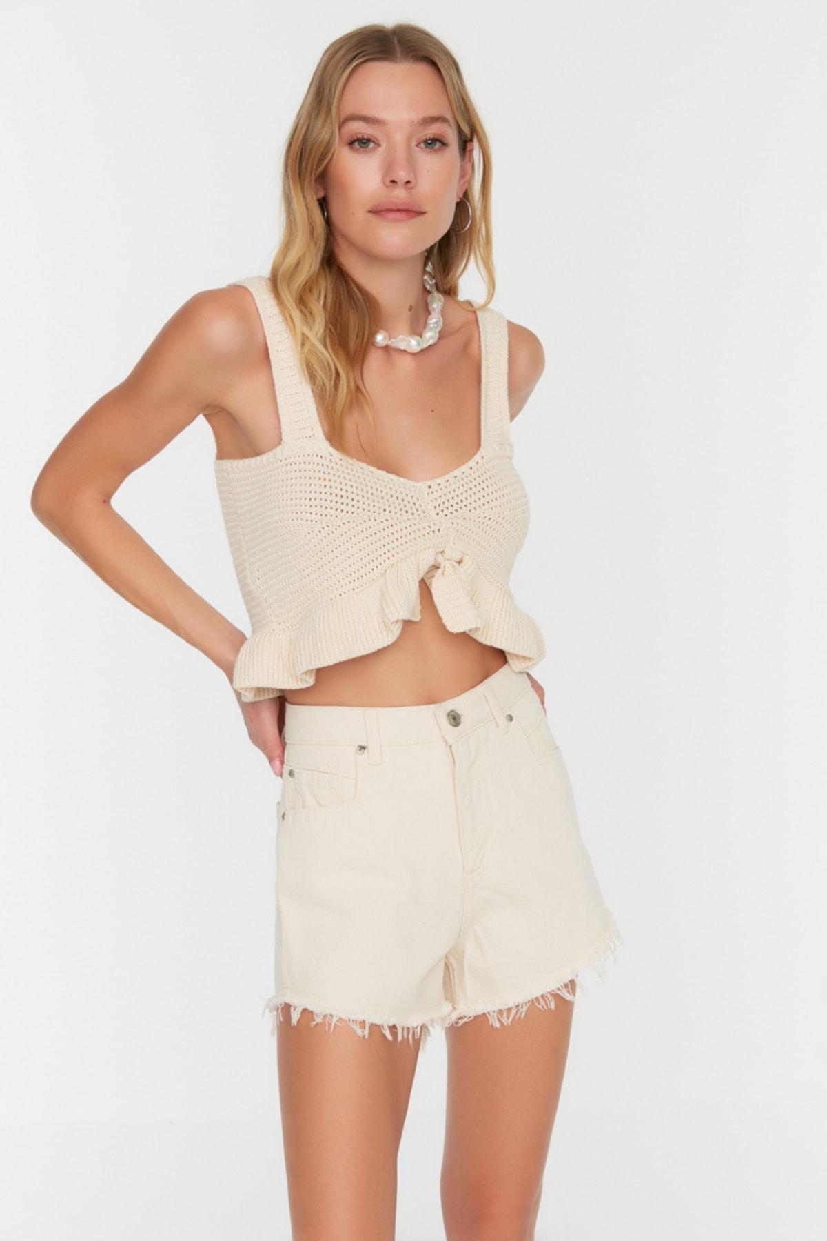 Beige Mid Waist Cotton Shorts, , large image number 1