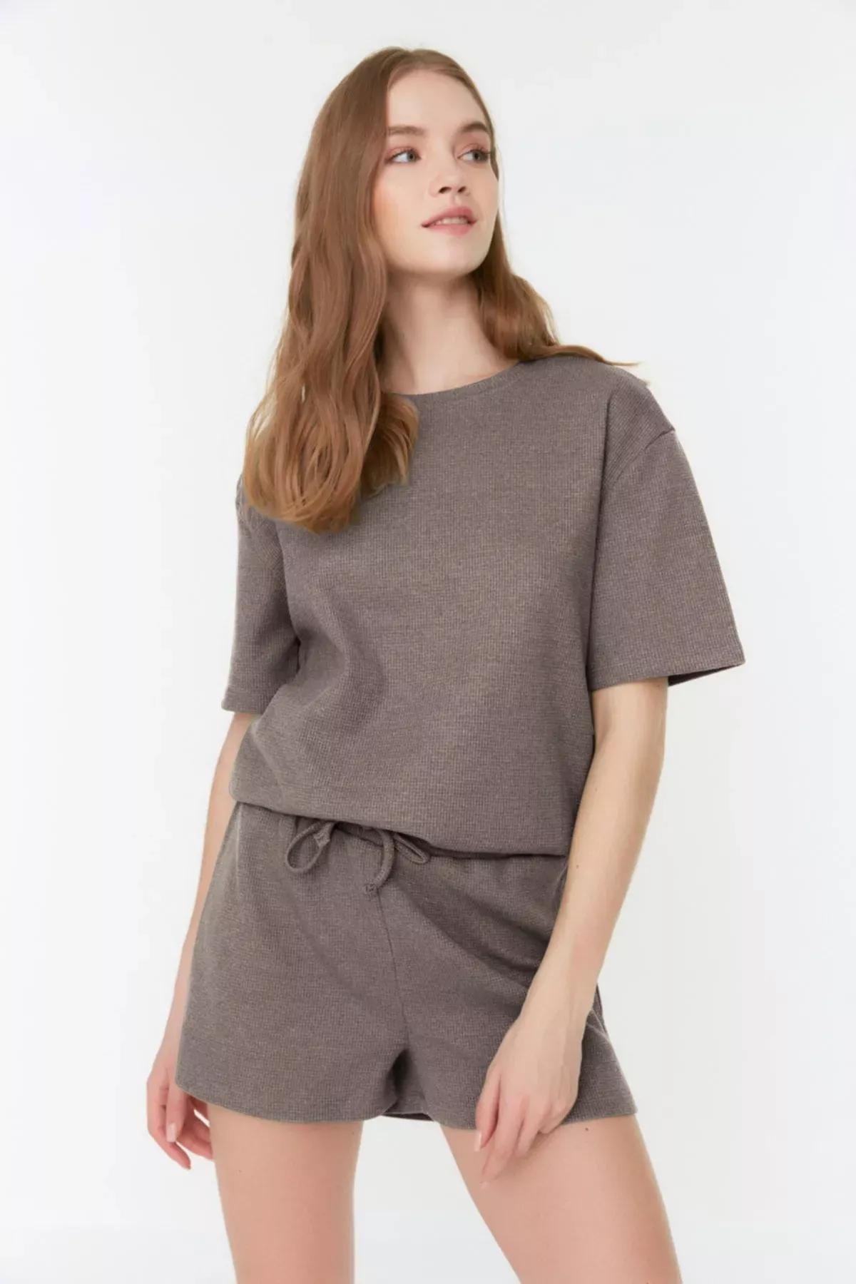 Brown Waffle Knit Pajama Set of 2, , large image number 0