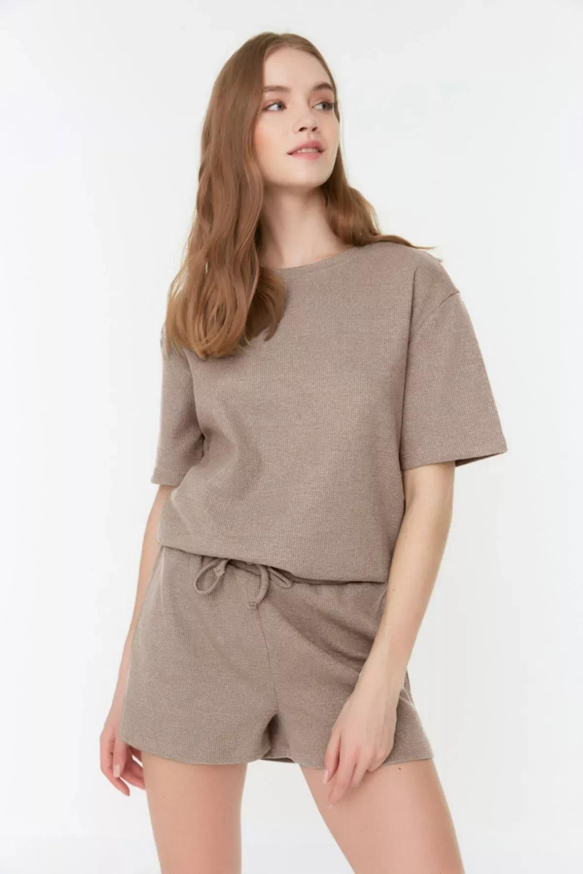 Beige Waffle Knit Pajama Set, , large image number 1