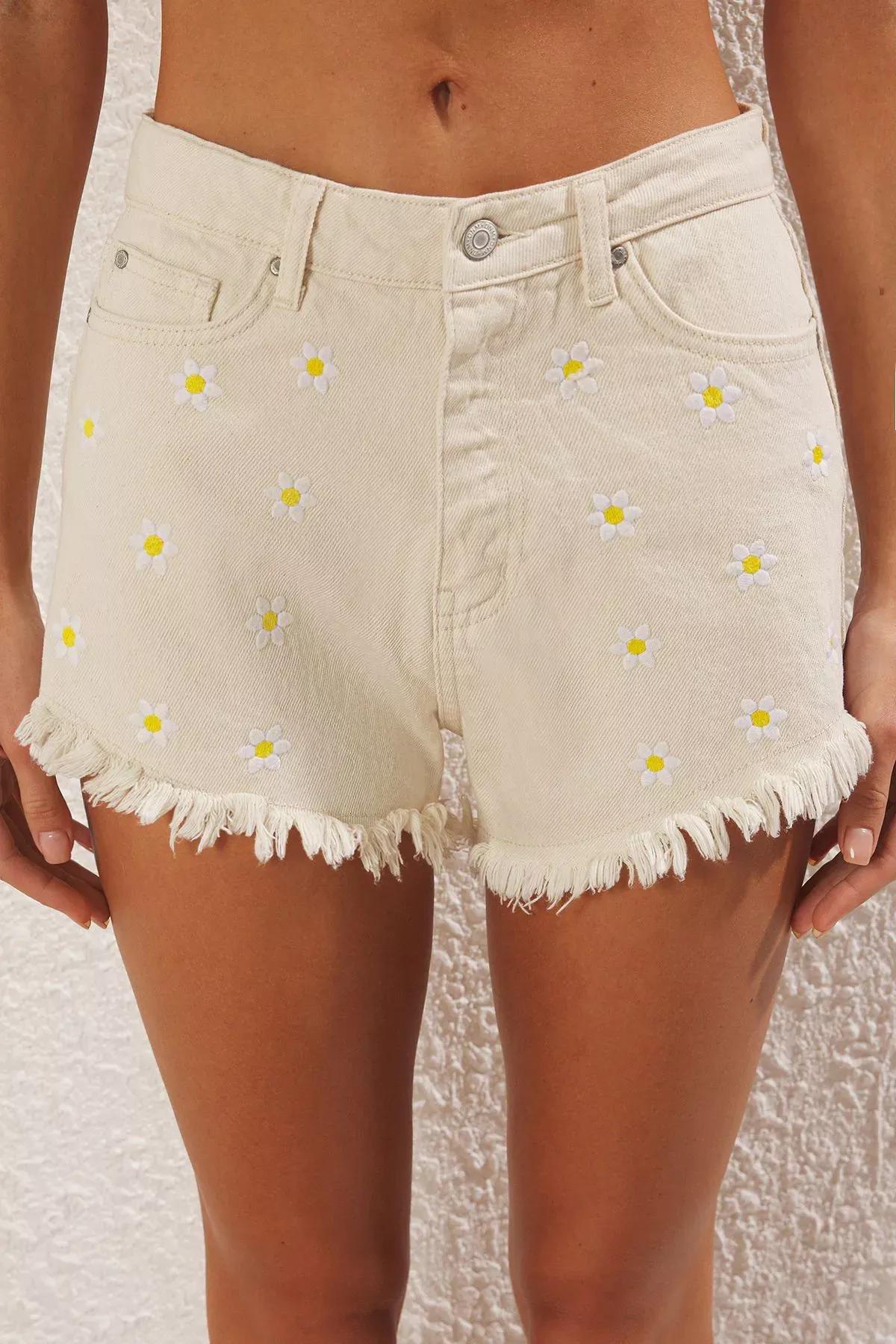 Beige Embroidered Denim Beach Shorts, , large image number 1