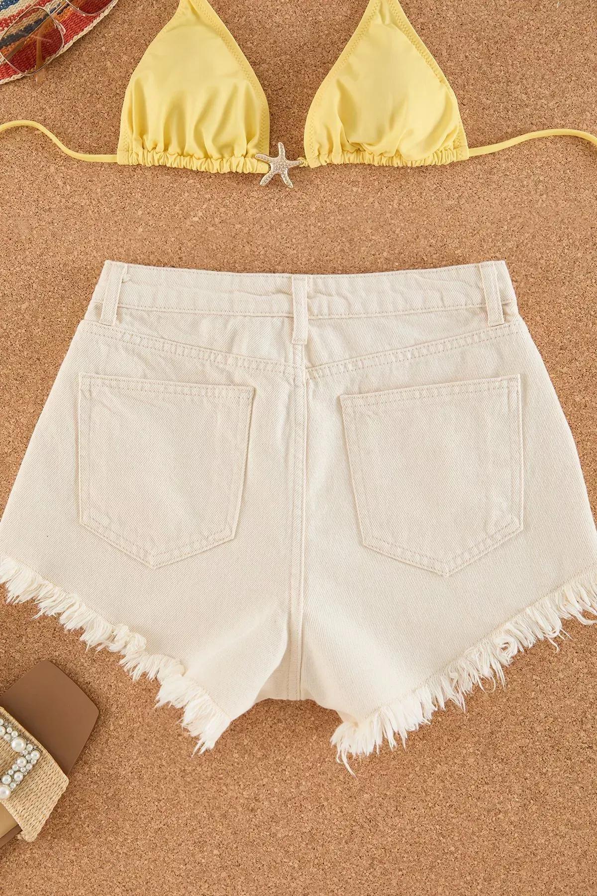Beige Embroidered Denim Beach Shorts, , large image number 5