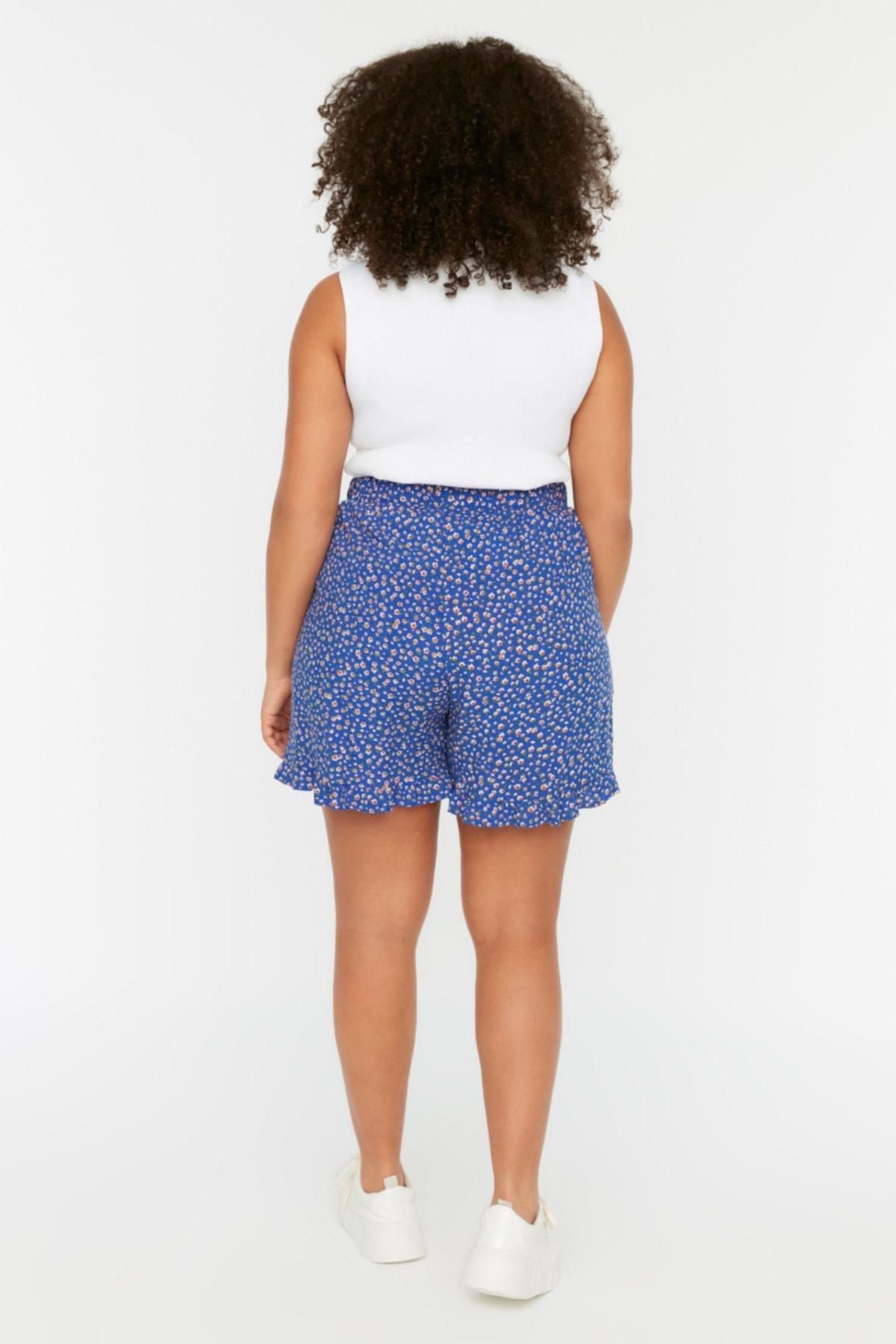 Blue Floral Plus Size Shorts, , large image number 4