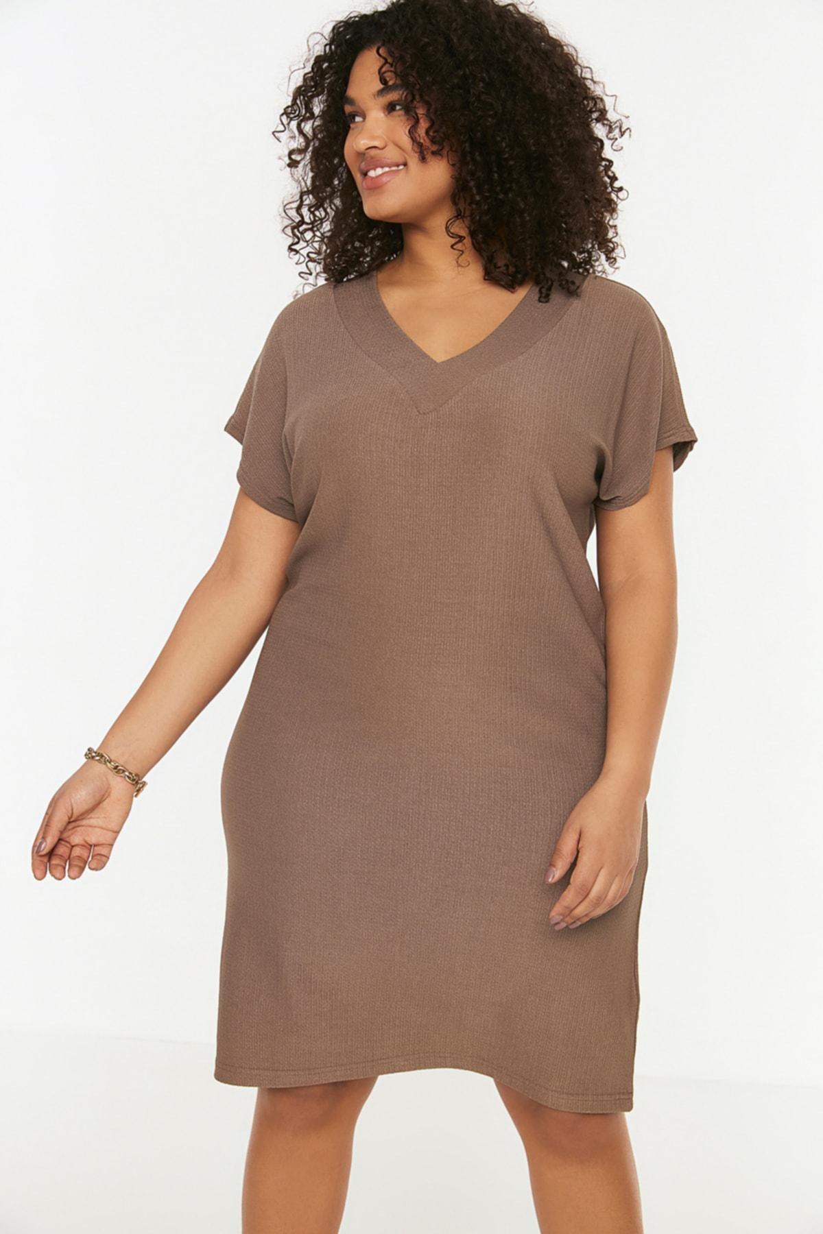 Trendyol - Brown Basic Plus Size Mini Dress