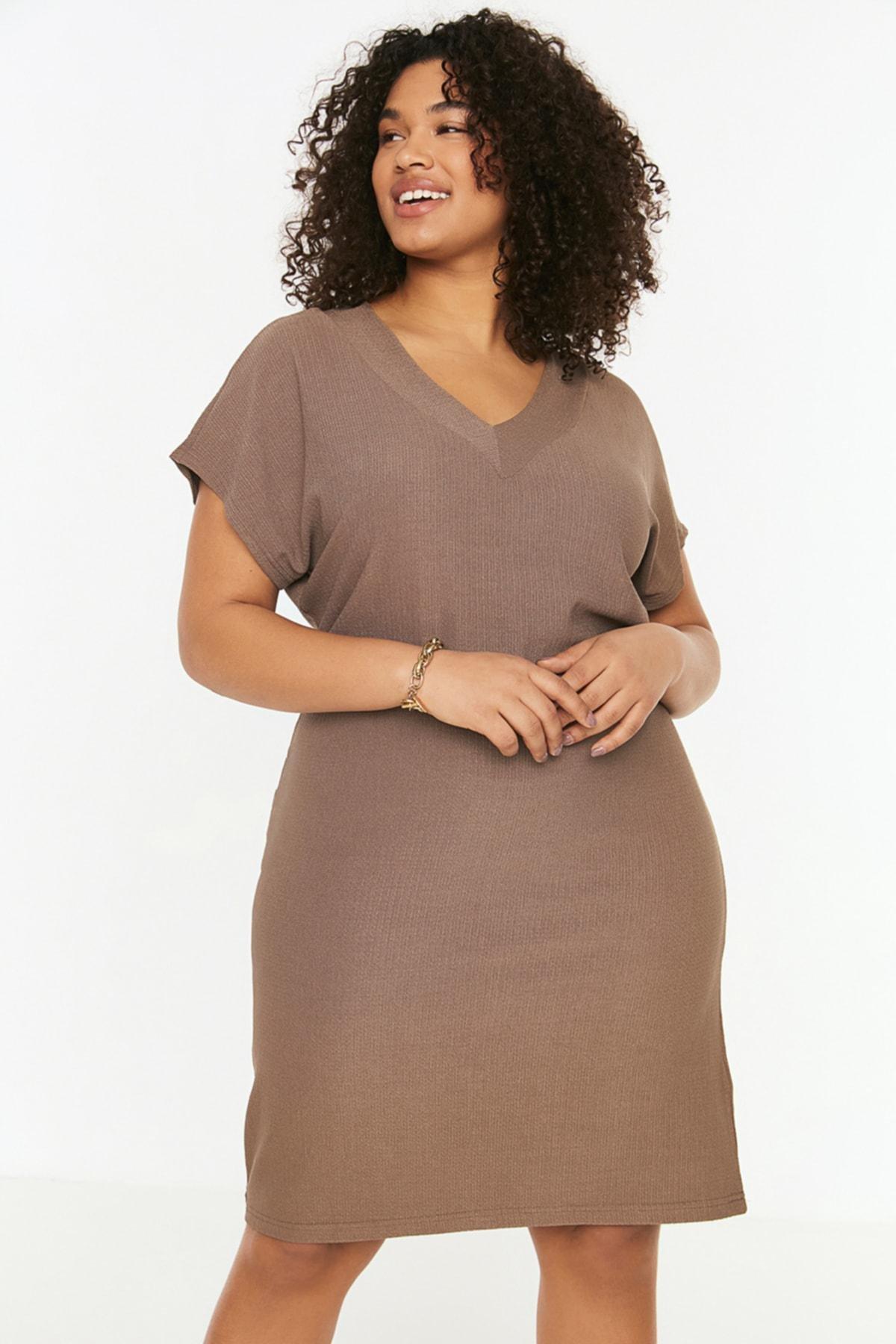 Trendyol - Brown Basic Plus Size Mini Dress