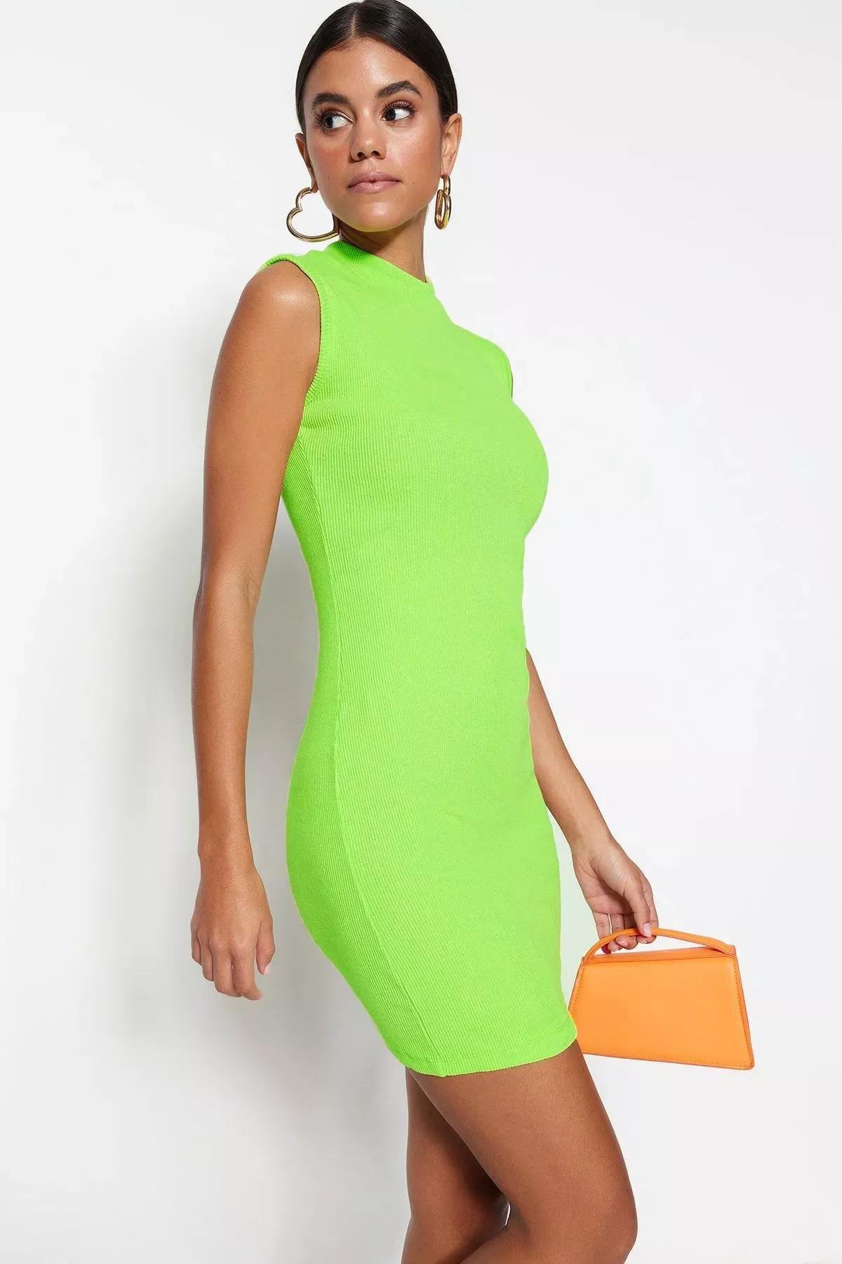 Green Mini Ribbed Knitted Dress, , large image number 1