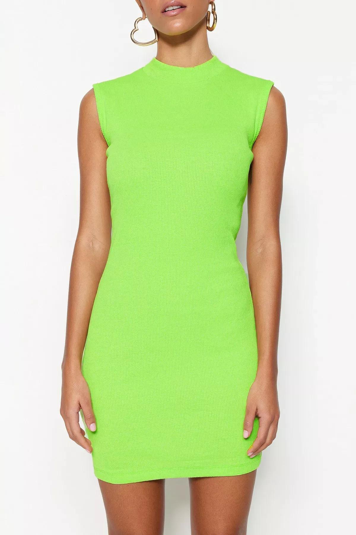 Green Mini Ribbed Knitted Dress, , large image number 3