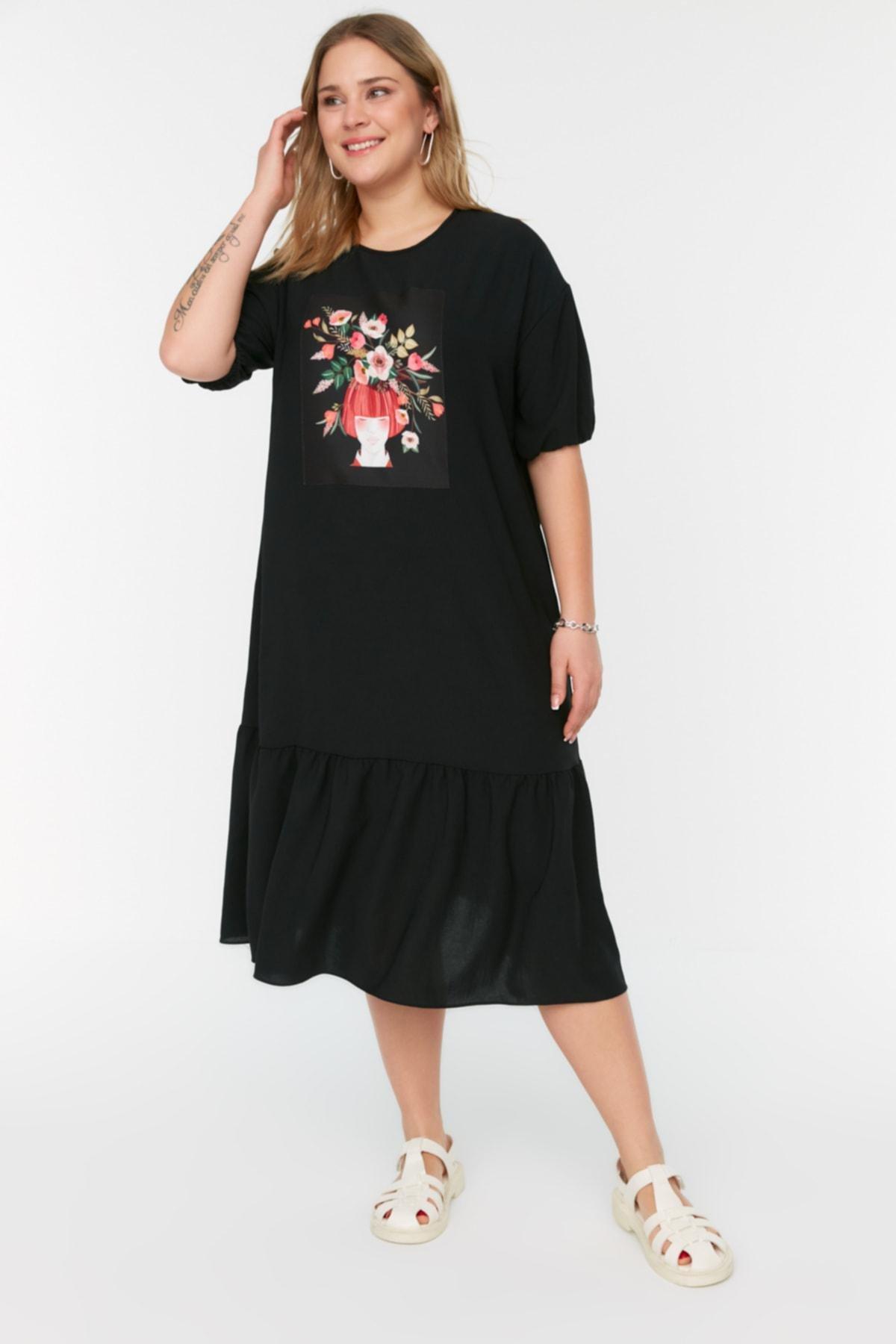 Black Ruffle Hem Plus Size Dress, , large image number 0