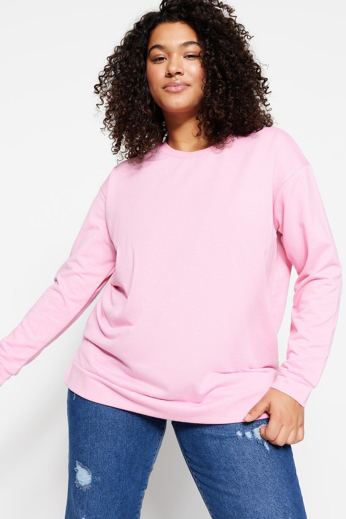 Pink Crew Neck Plus Size Sweatshirt, , large image number 0