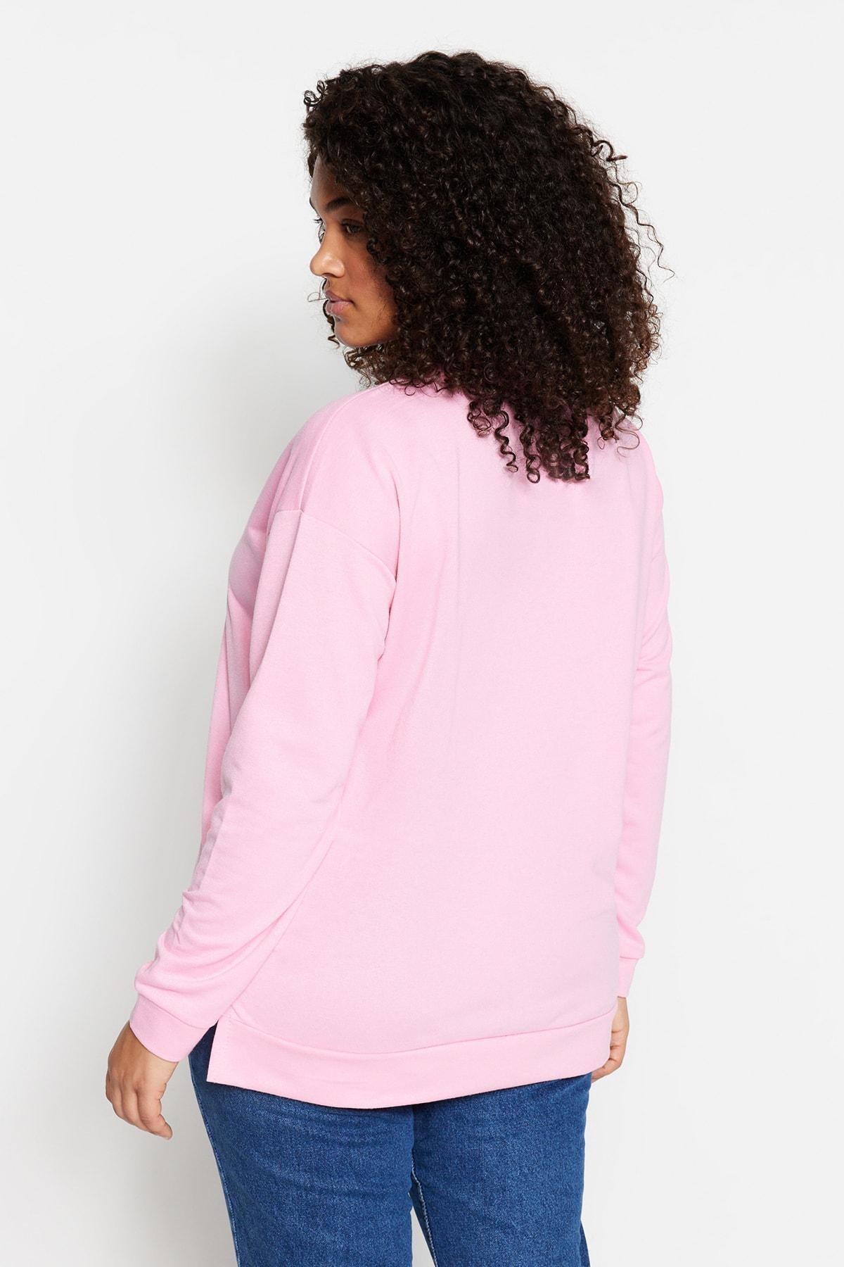 Trendyol - Pink Crew Neck Plus Size Sweatshirt