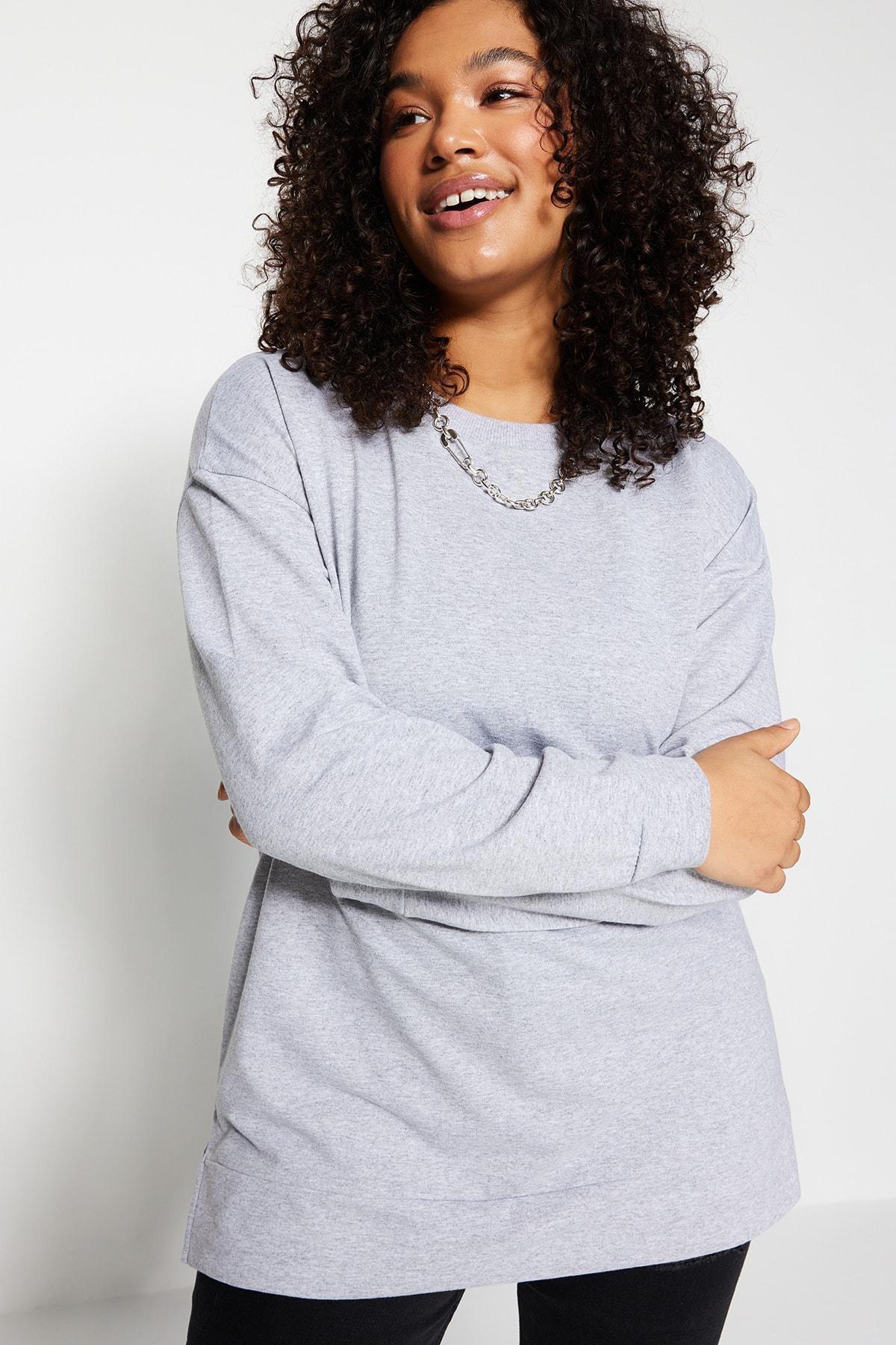 Grey Crew Neck Plus Size Sweatshirt, , large image number 1