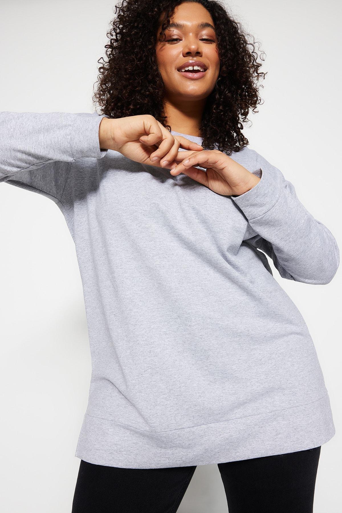 Grey Crew Neck Plus Size Sweatshirt, , large image number 2