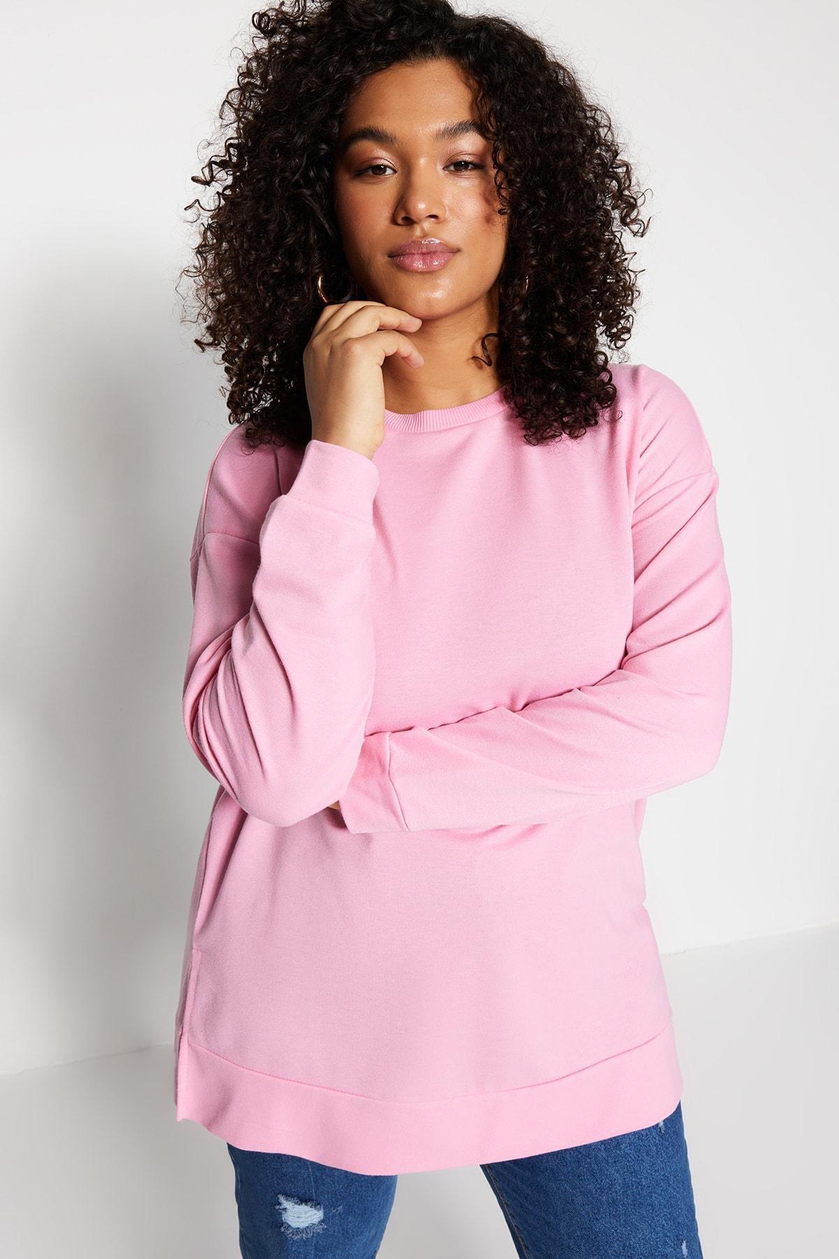 Pink Crew Neck Plus Size Sweatshirt, Pink, large image number 1