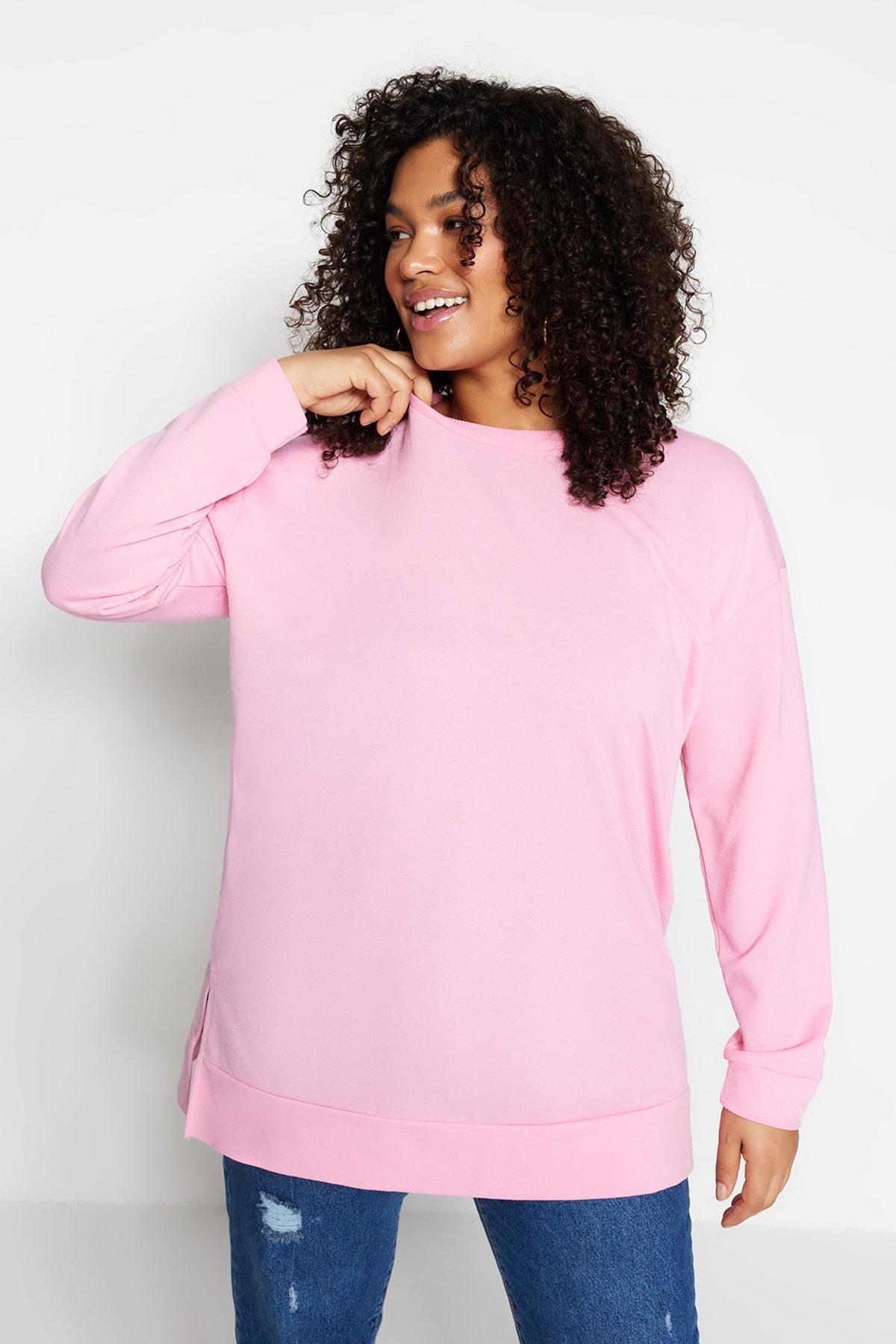 Pink Crew Neck Plus Size Sweatshirt, Pink, large image number 2