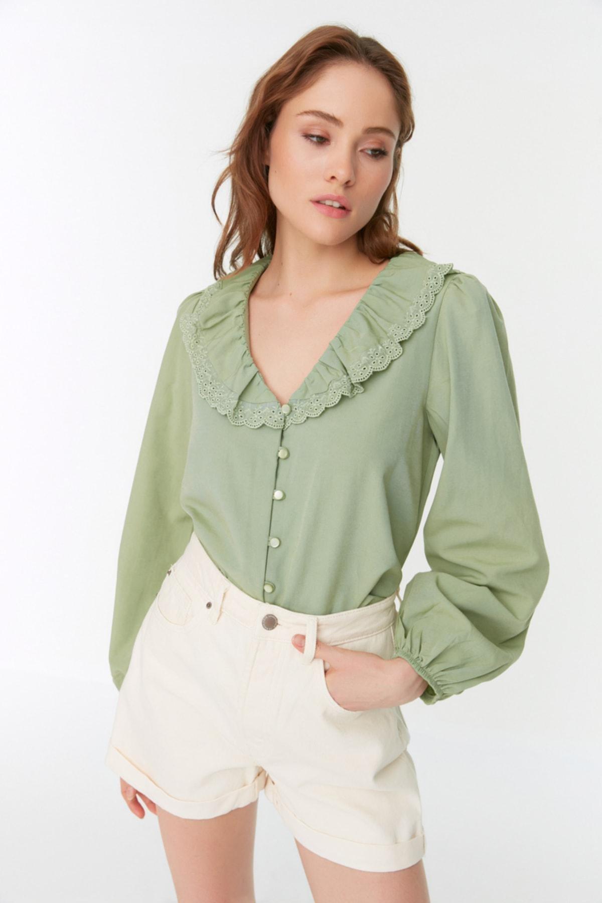 Green V-Neck Shirt, Green, medium
