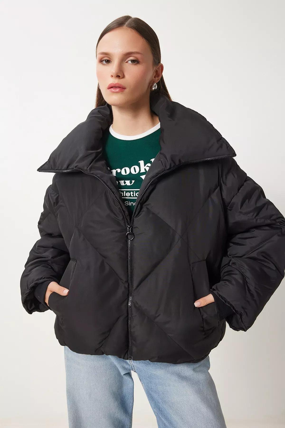 Black Standing Collar Oversize Parka Jacket, BLACK, large image number 0