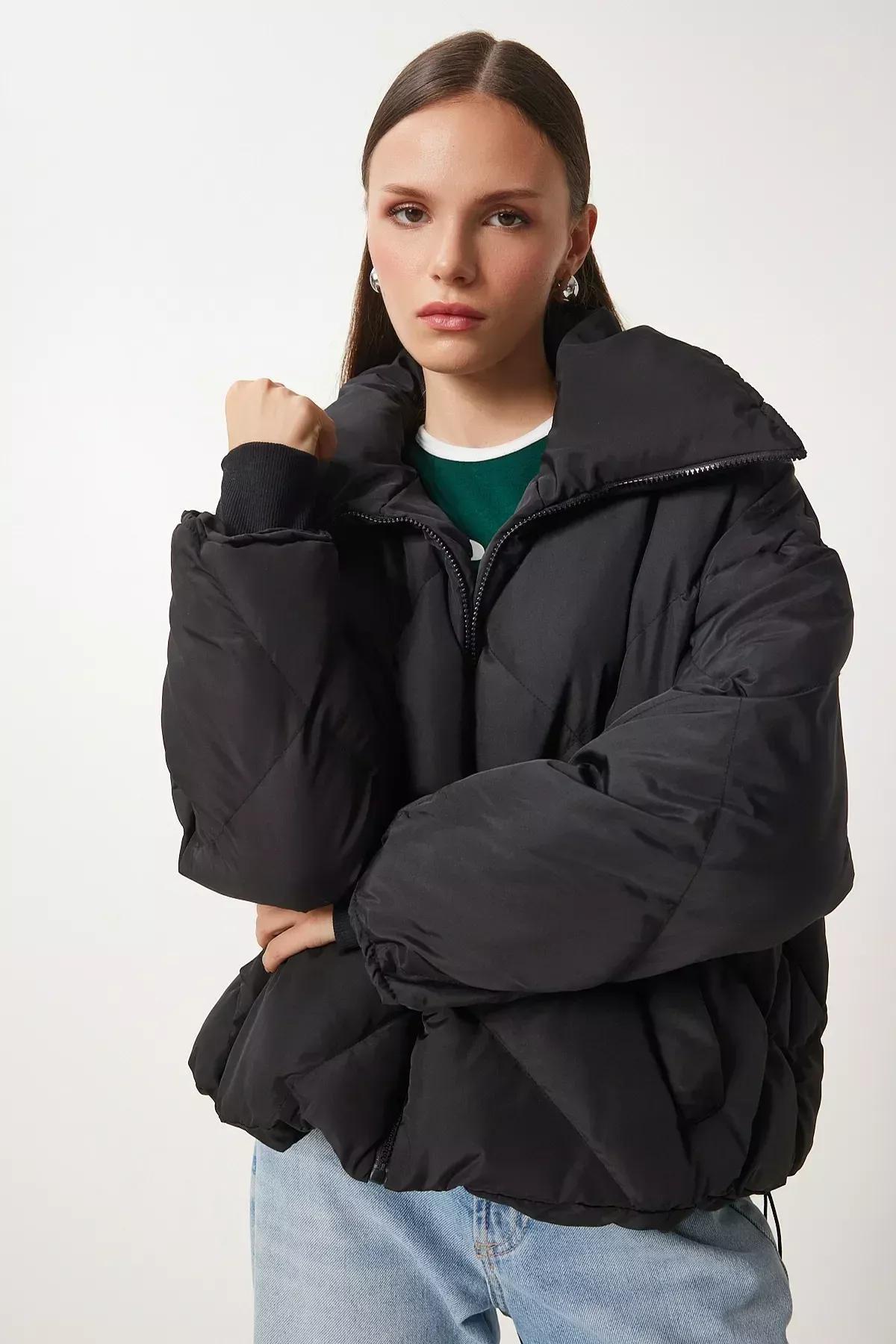 Black Standing Collar Oversize Parka Jacket, BLACK, large image number 2