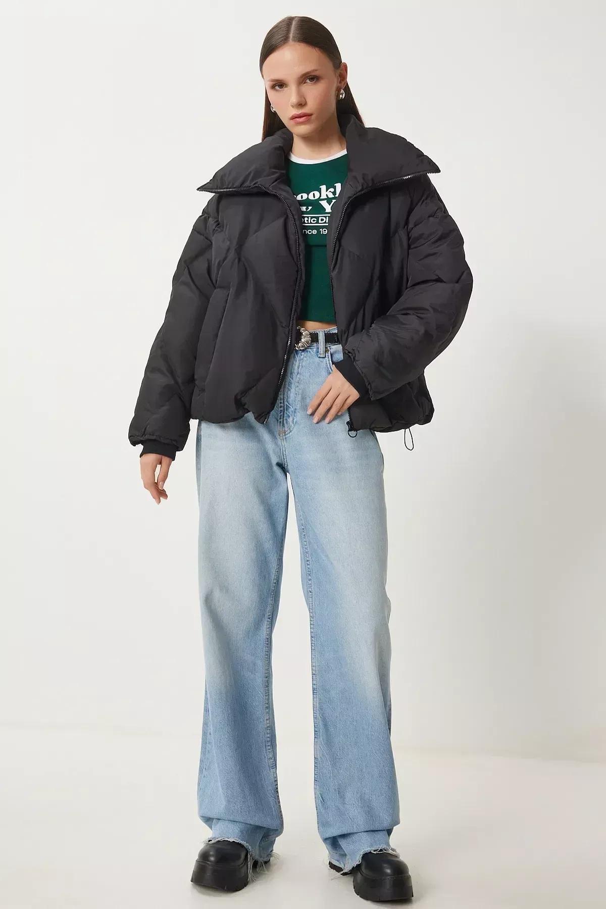 Black Standing Collar Oversize Parka Jacket, BLACK, large image number 3