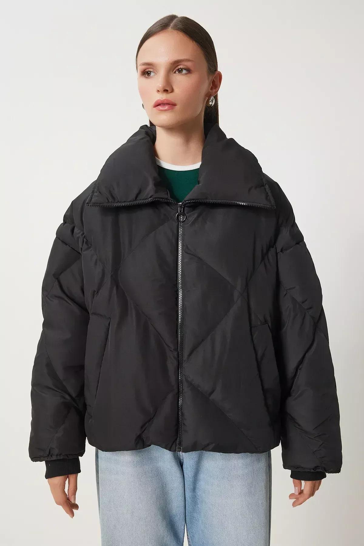Black Standing Collar Oversize Parka Jacket, BLACK, large image number 4