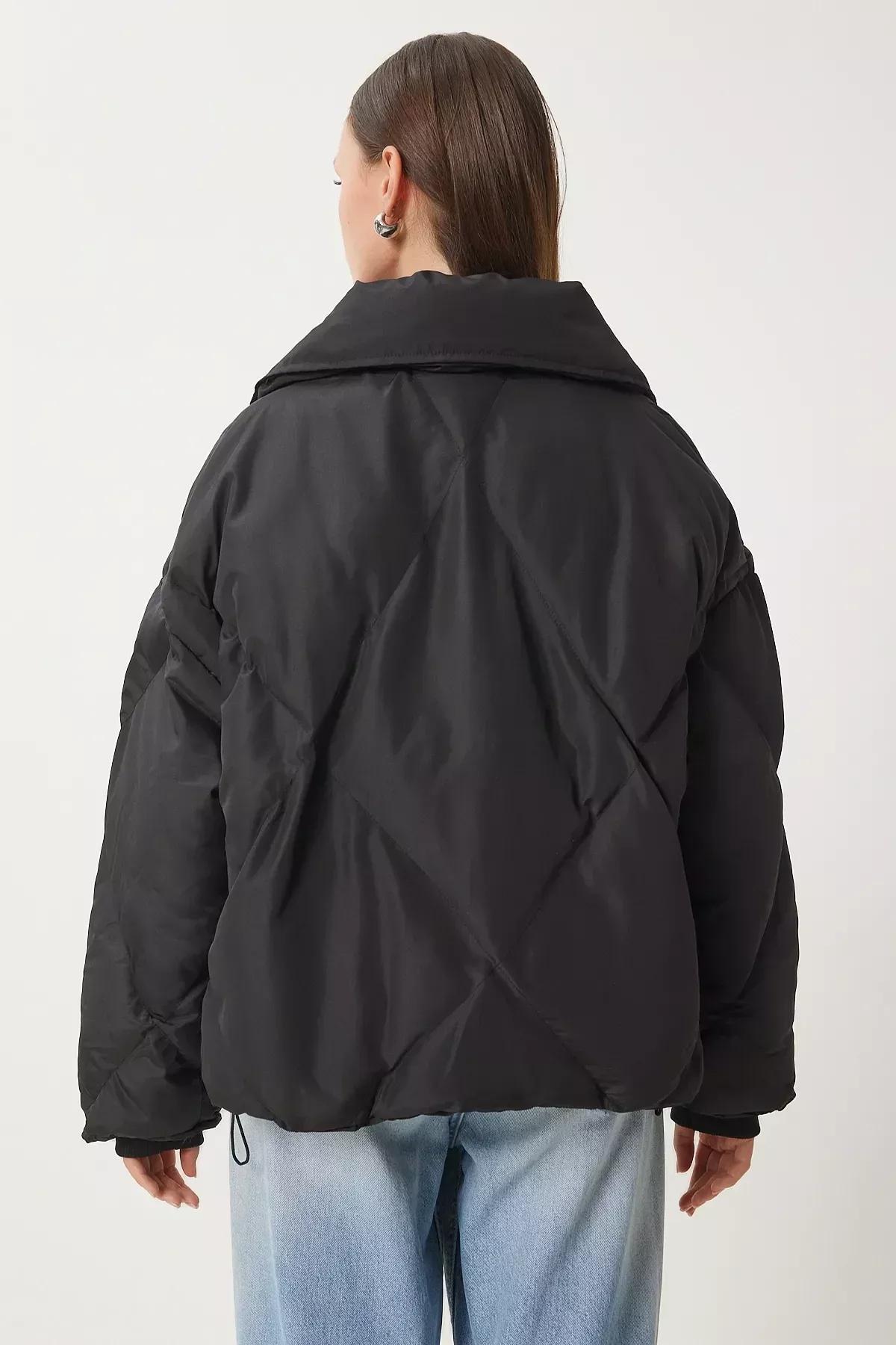 Black Standing Collar Oversize Parka Jacket, BLACK, large image number 6