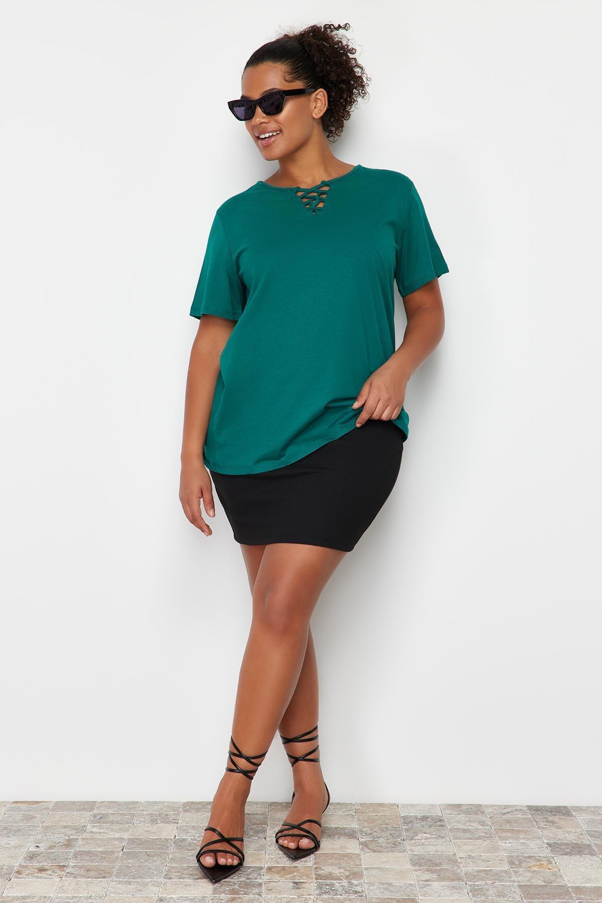 Green V-Neck Knitted T-Shirt, , large image number 0