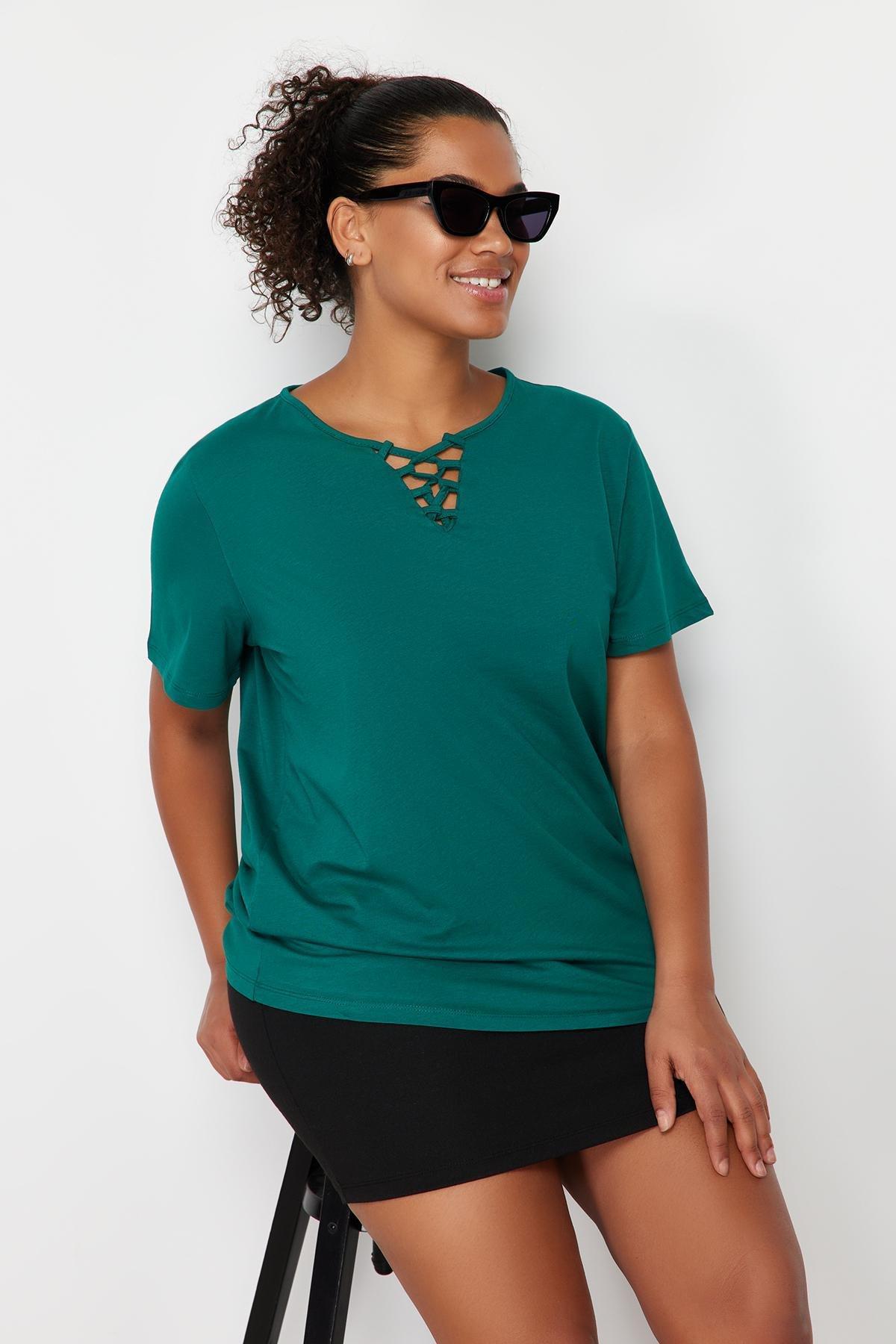 Green V-Neck Knitted T-Shirt, , large image number 1