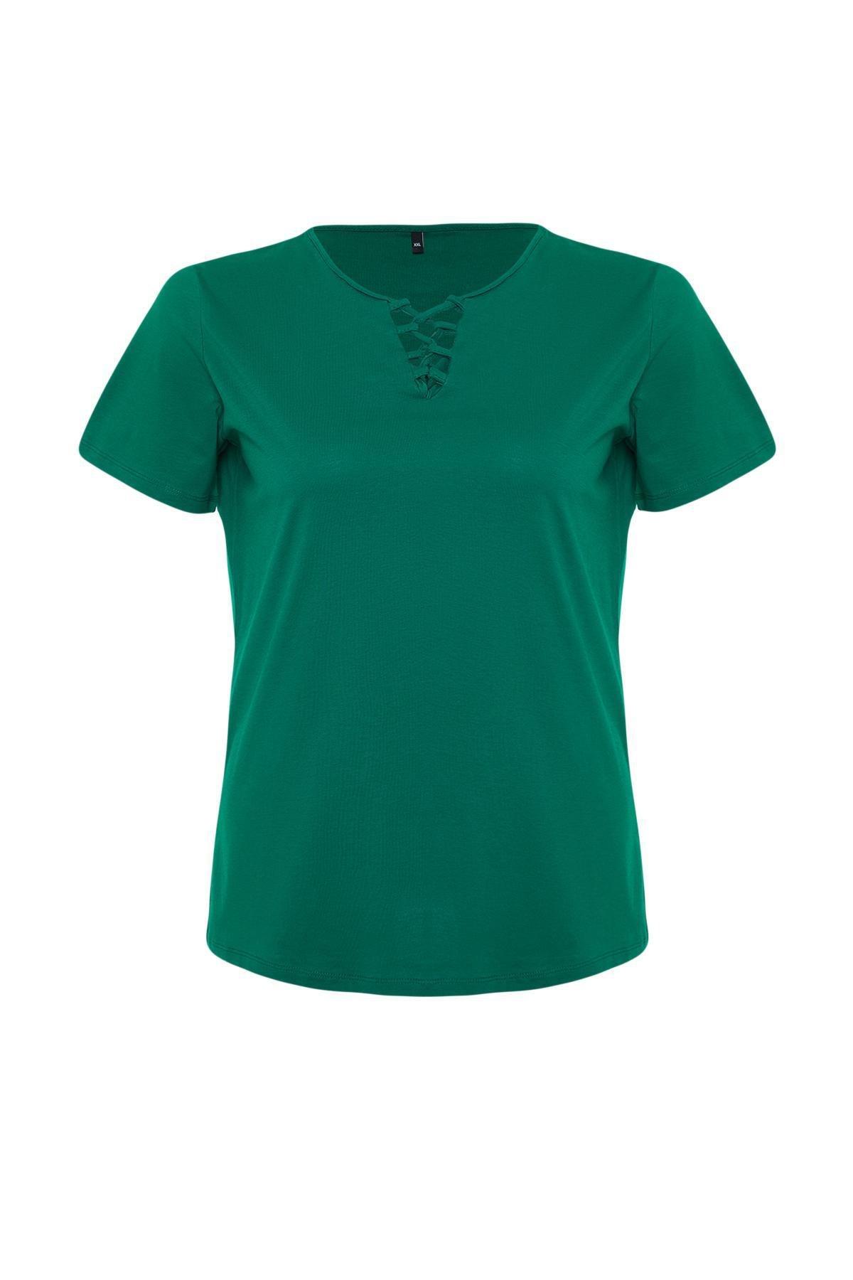 Green V-Neck Knitted T-Shirt, , large image number 5