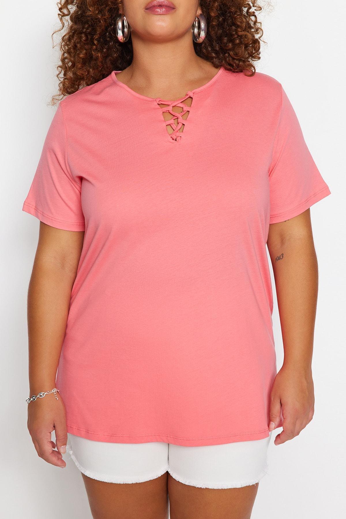 Pink V-Neck Plus Size T-Shirt, , large image number 6
