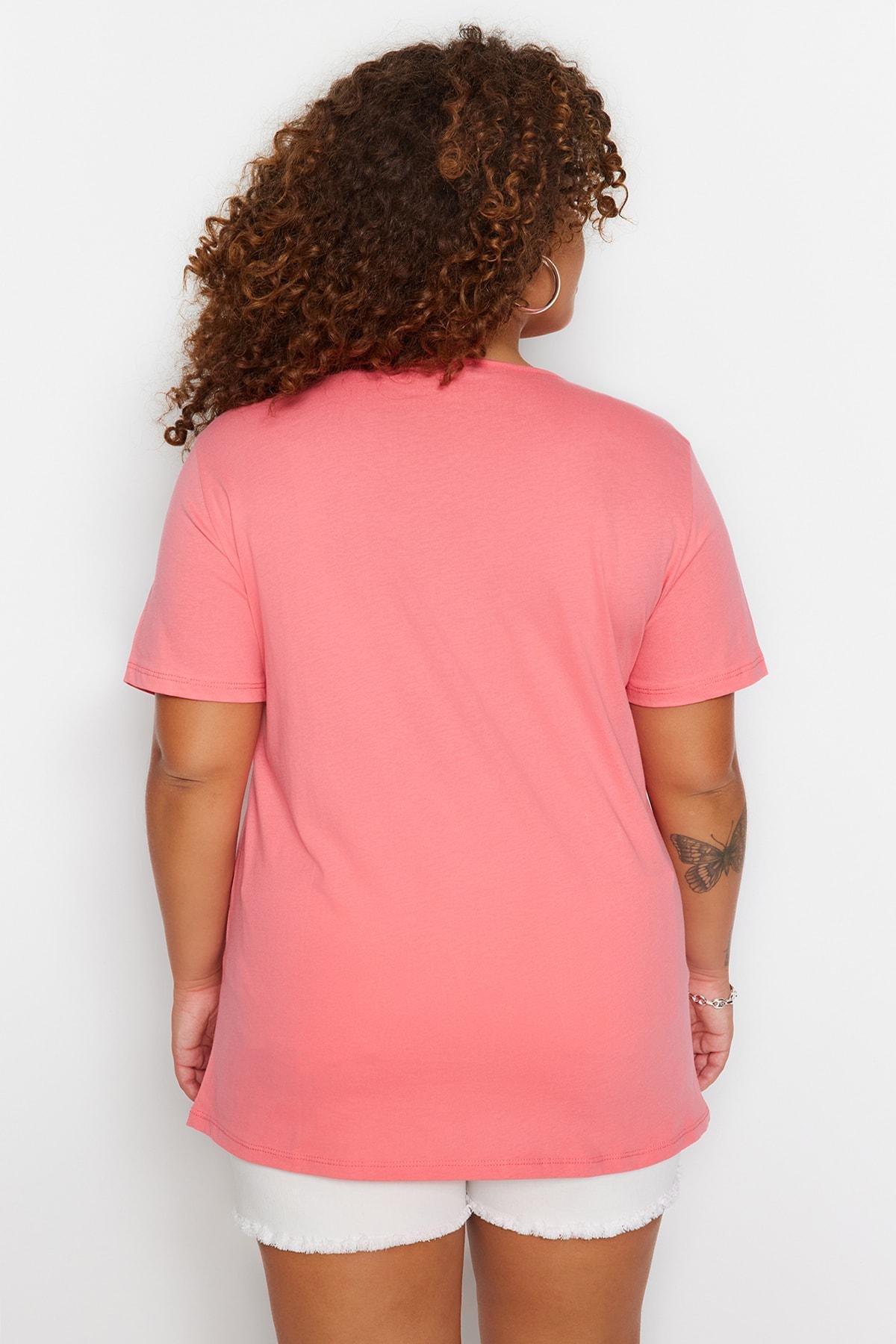 Pink V-Neck Plus Size T-Shirt, , large image number 7
