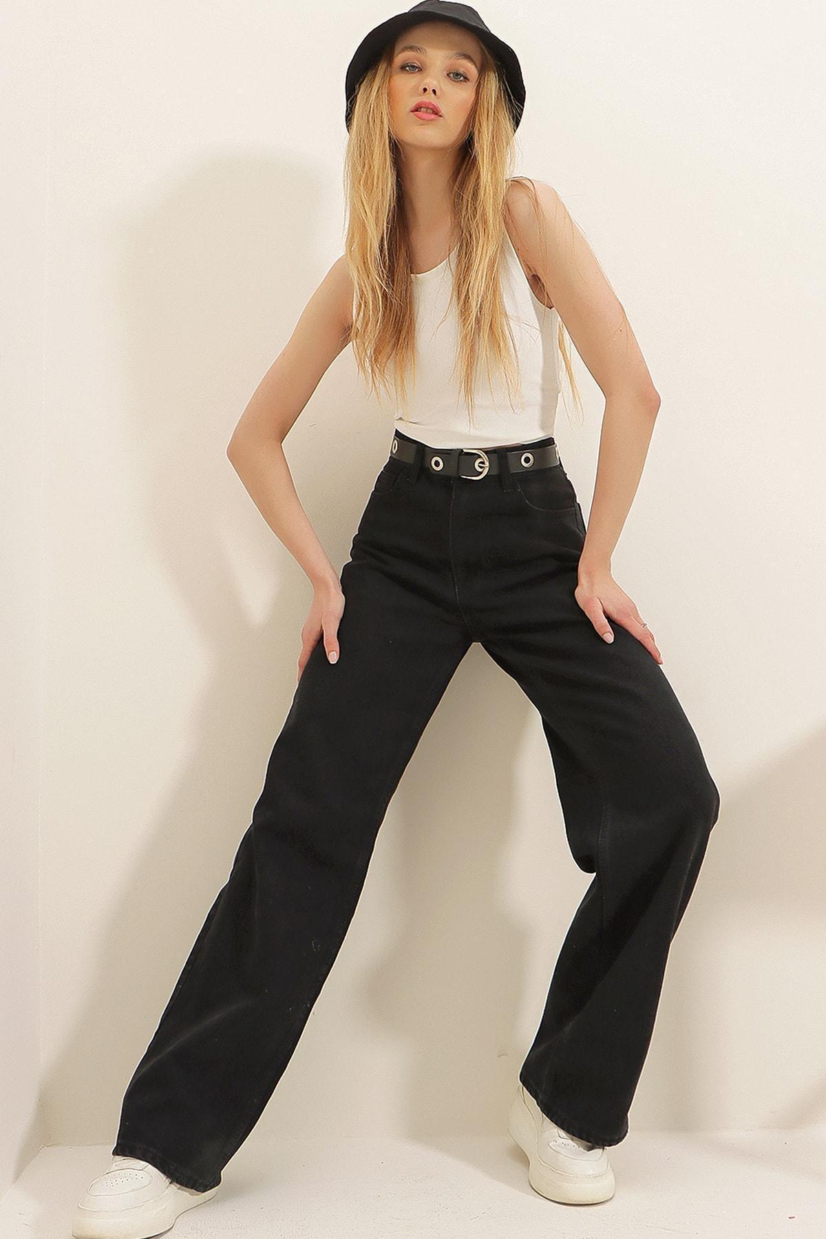 Black Wide Leg Relaxed Cotton Jeans, Black, large image number 0