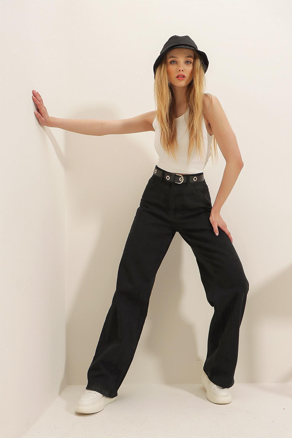 Black Wide Leg Relaxed Cotton Jeans, Black, large image number 2