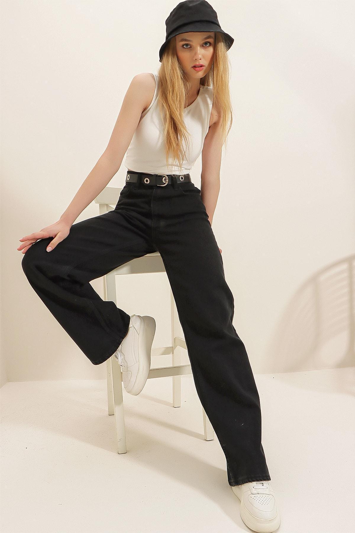 Black Wide Leg Relaxed Cotton Jeans, Black, large image number 3