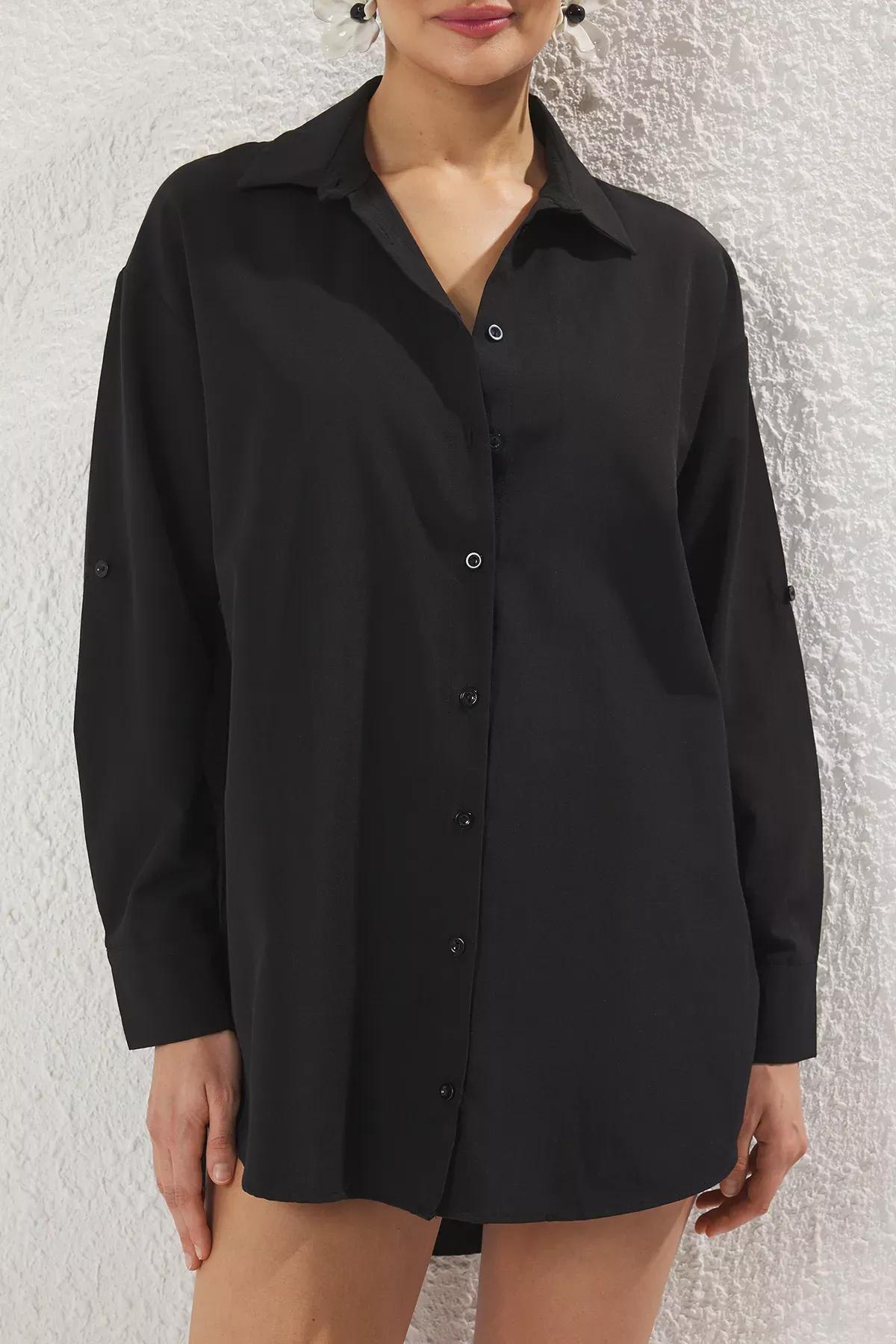 Black Striped Woven Beach Shirt, , large image number 2