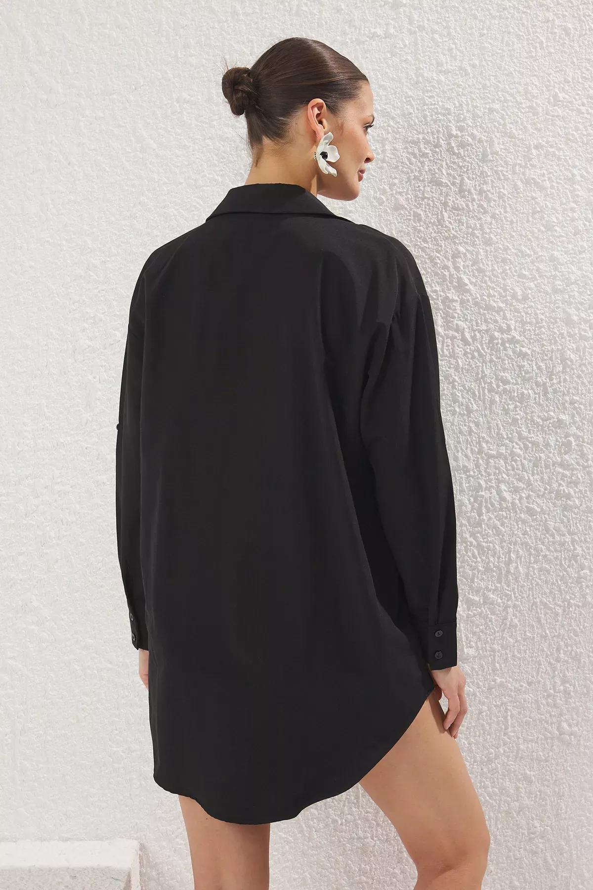 Black Striped Woven Beach Shirt, , large image number 3