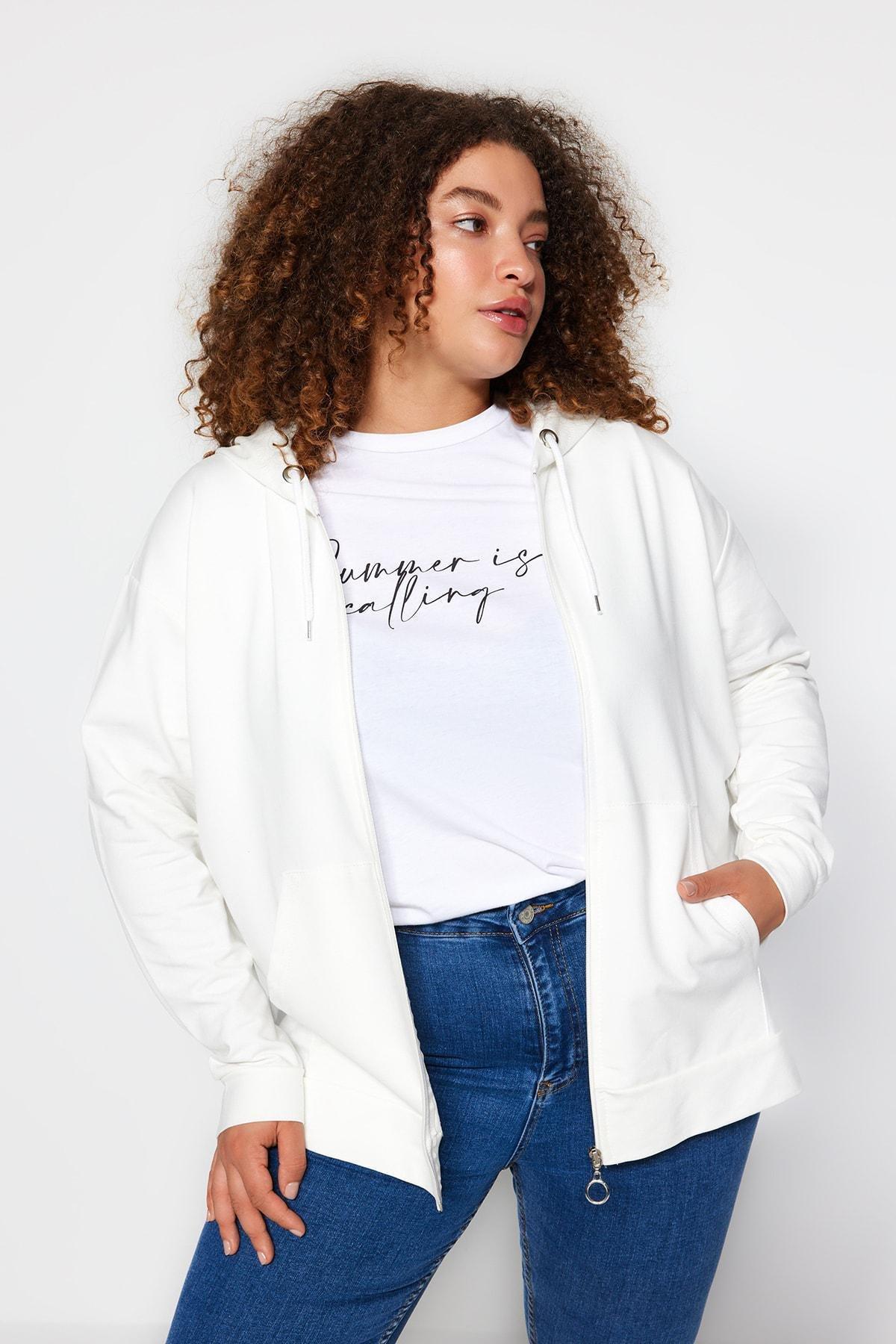Cream Oversize Plus Size Sweatshirt, , large image number 1