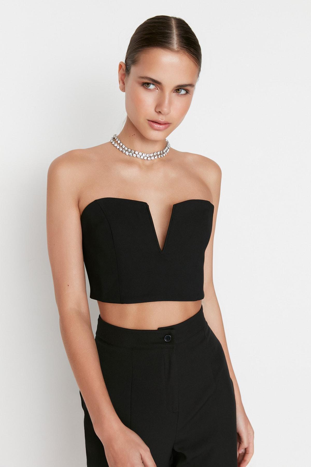 Black Sweetheart Neckline Crop Top, , large image number 0