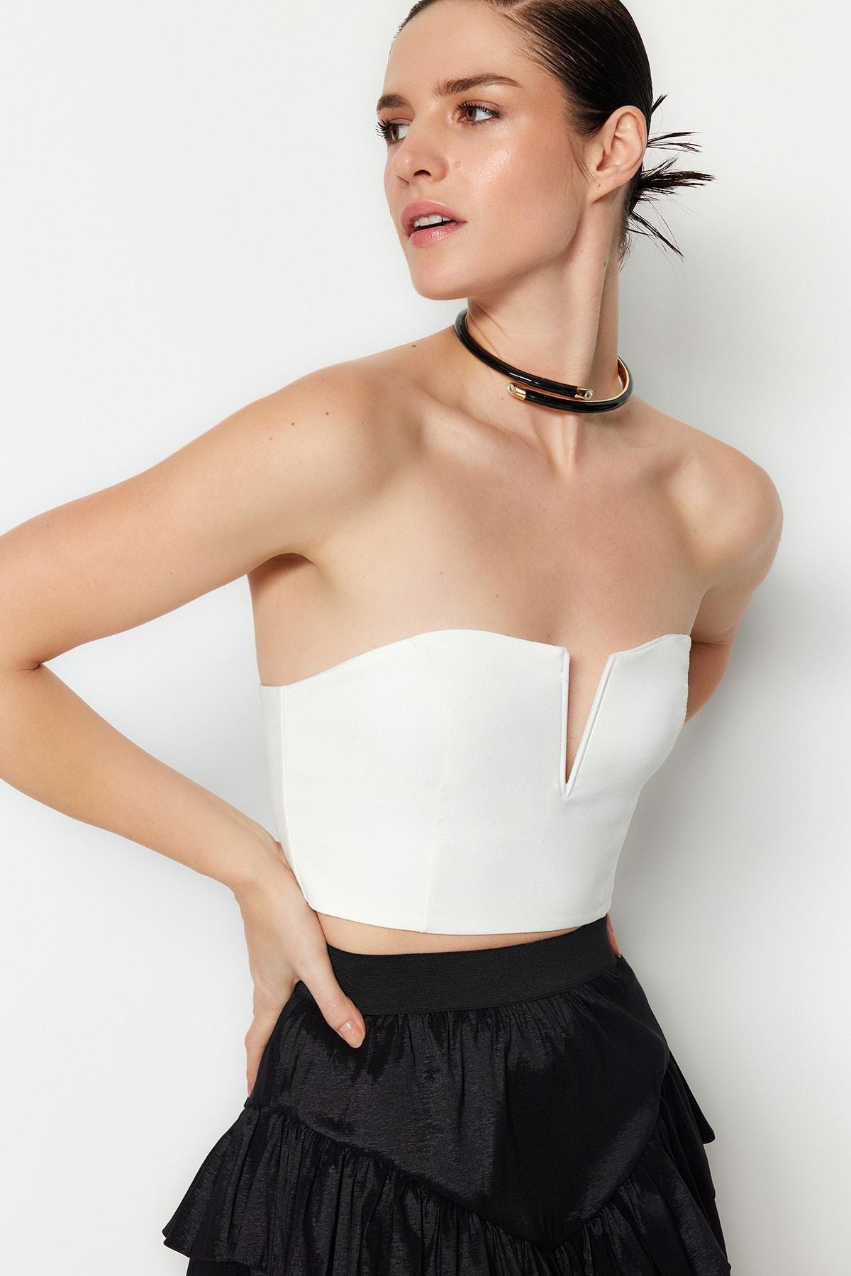 Cream Sweetheart Neckline Crop Top, , large image number 0
