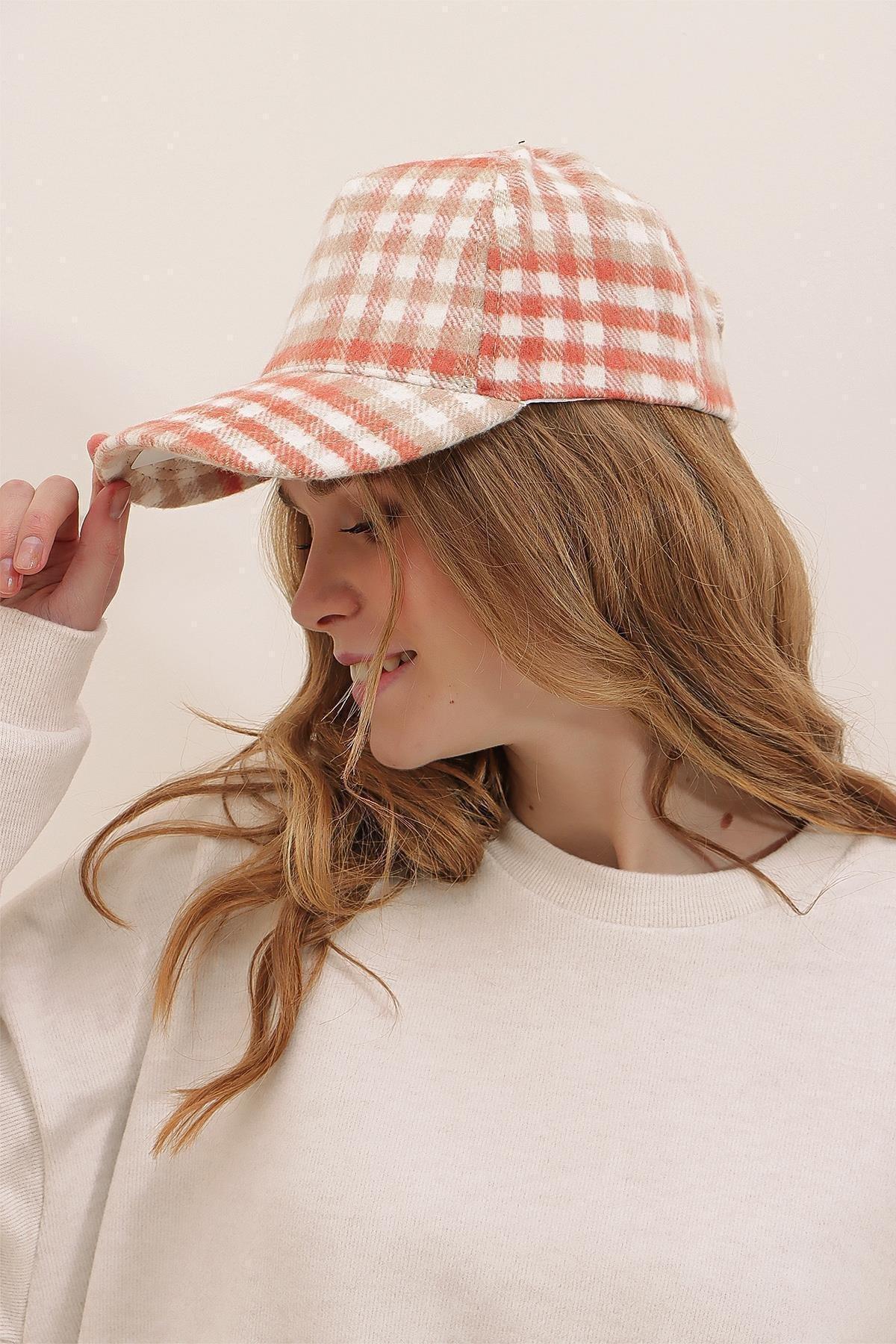 Orange Plaid Casual Hat, Orange, large image number 0