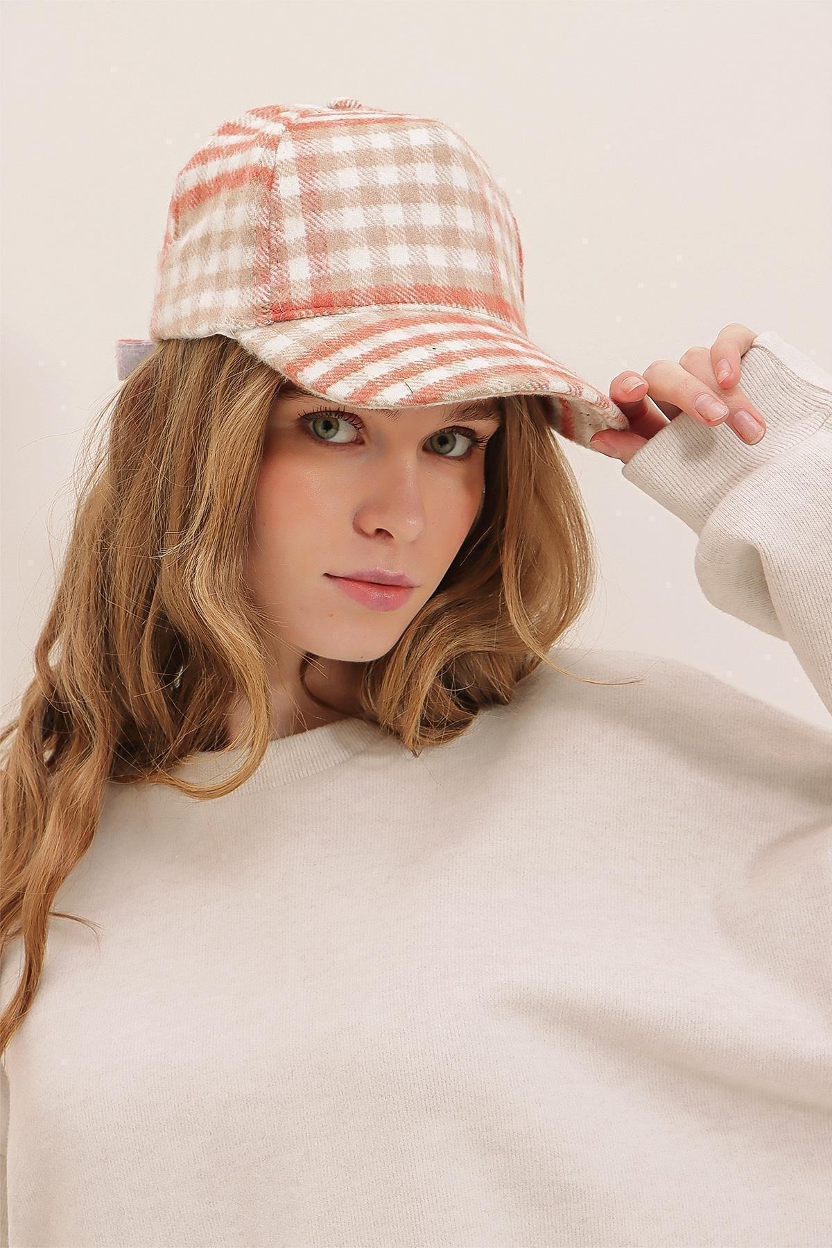 Orange Plaid Casual Hat, Orange, large image number 1